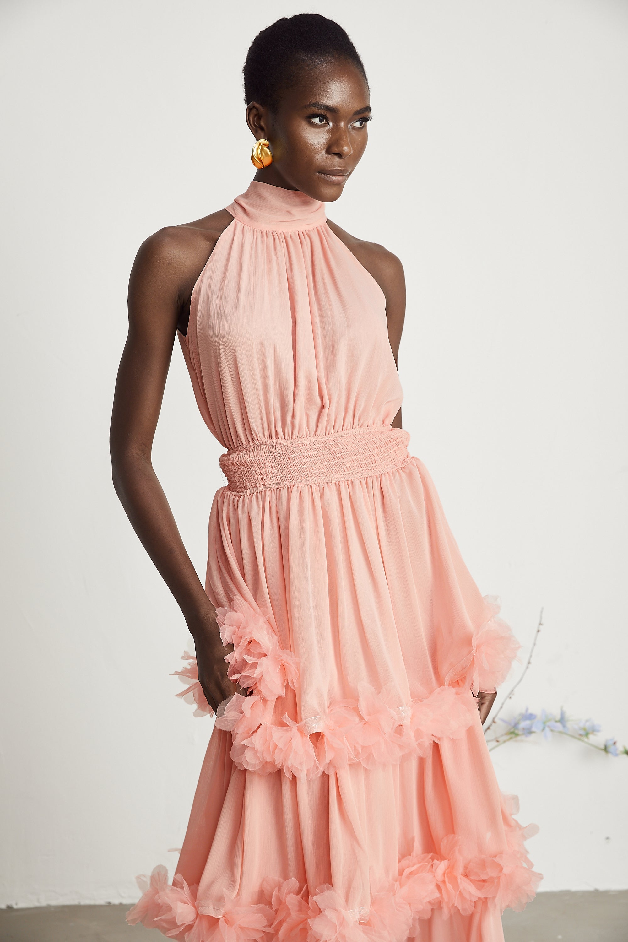 Micah pink 3D-petal tiered midi dress (Final Sale)