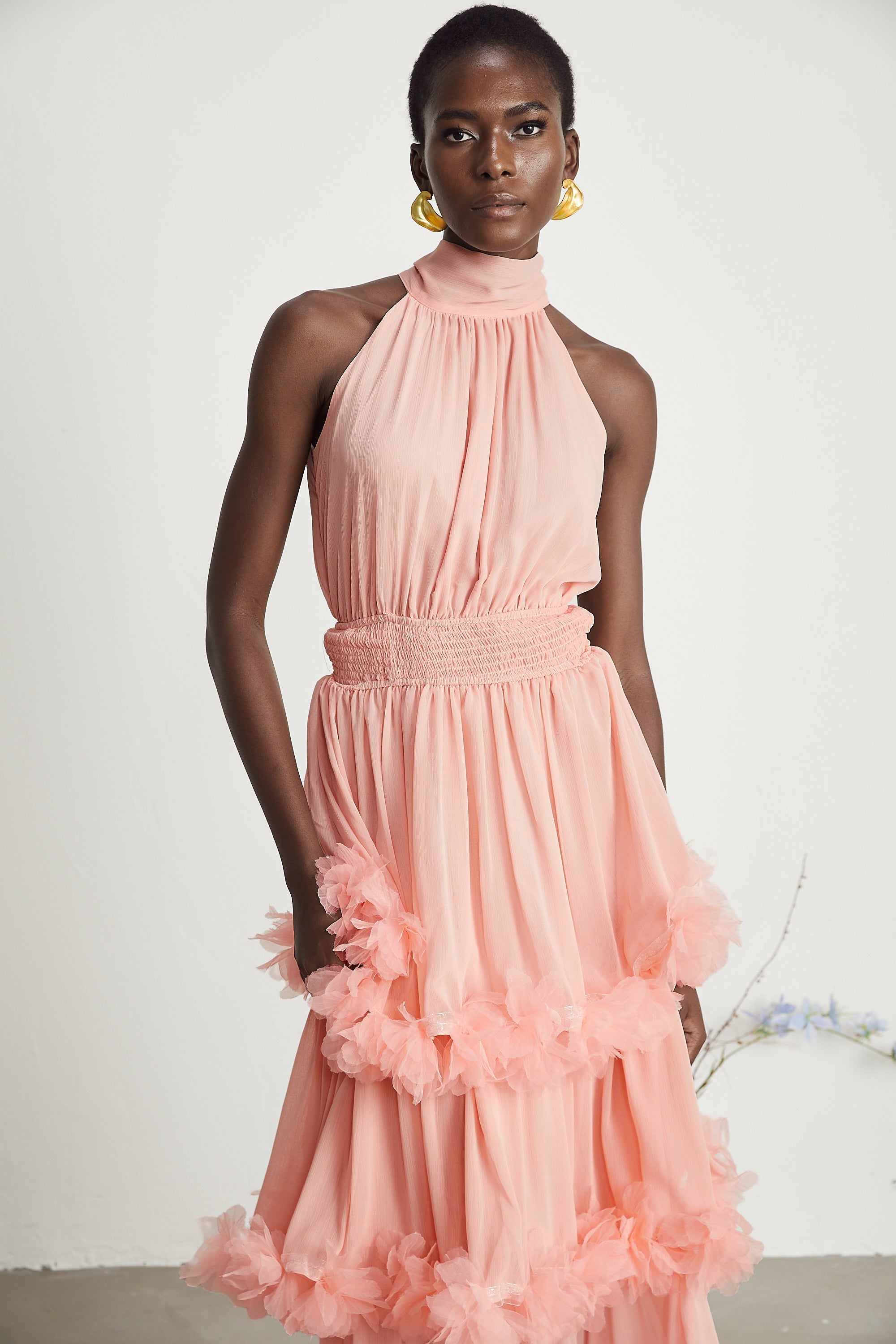 Micah pink 3D-petal tiered midi dress (Final Sale)