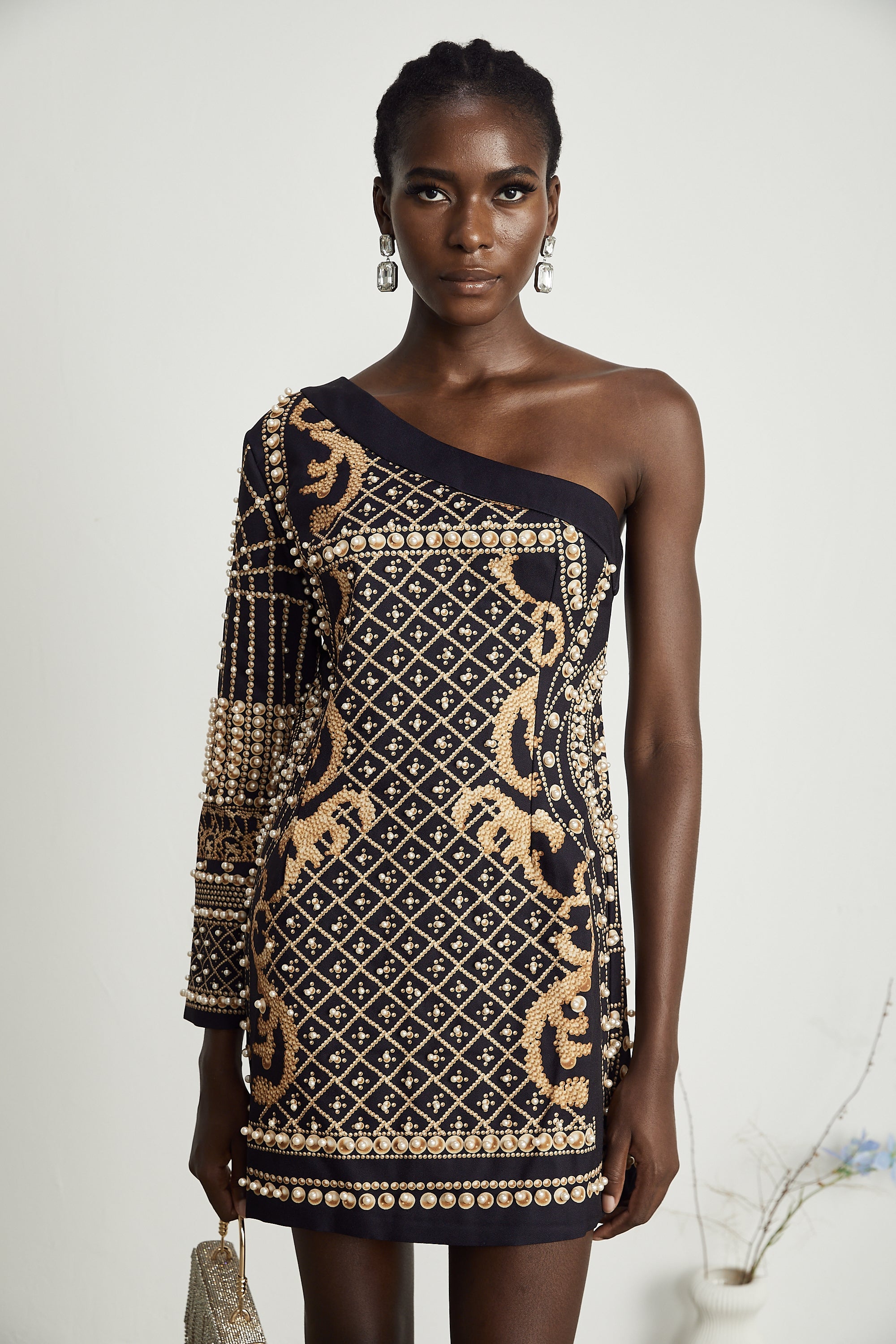 Ysabella mono-shoulder faux-pearl mini dress (US Only)