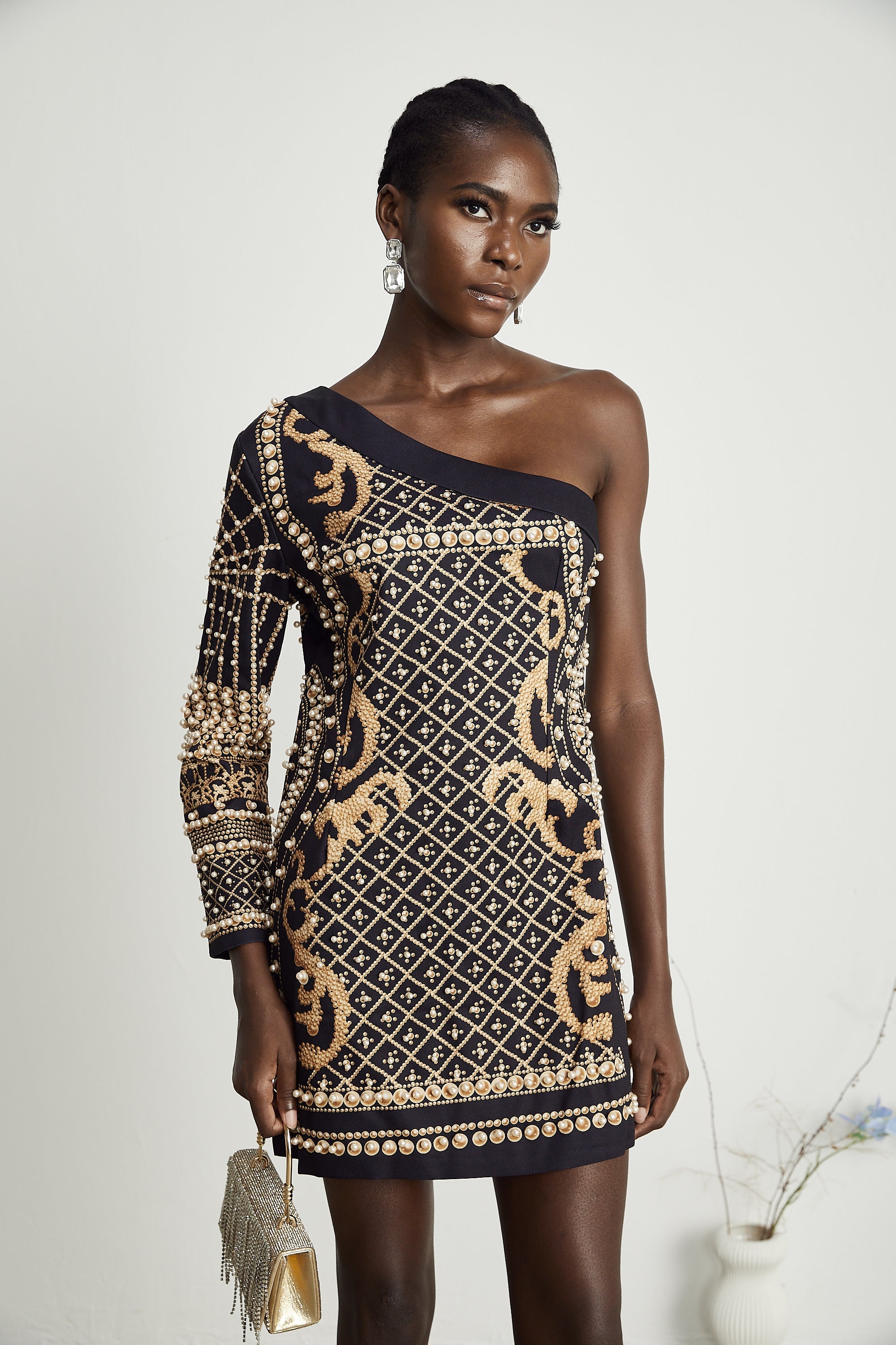 Ysabella mono-shoulder faux-pearl mini dress (US Only)