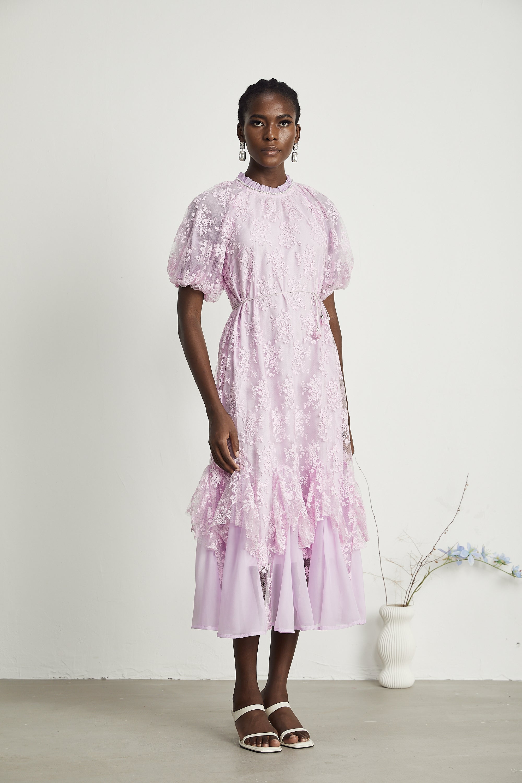 Coralie floral embroidered layered midi dress in Purple