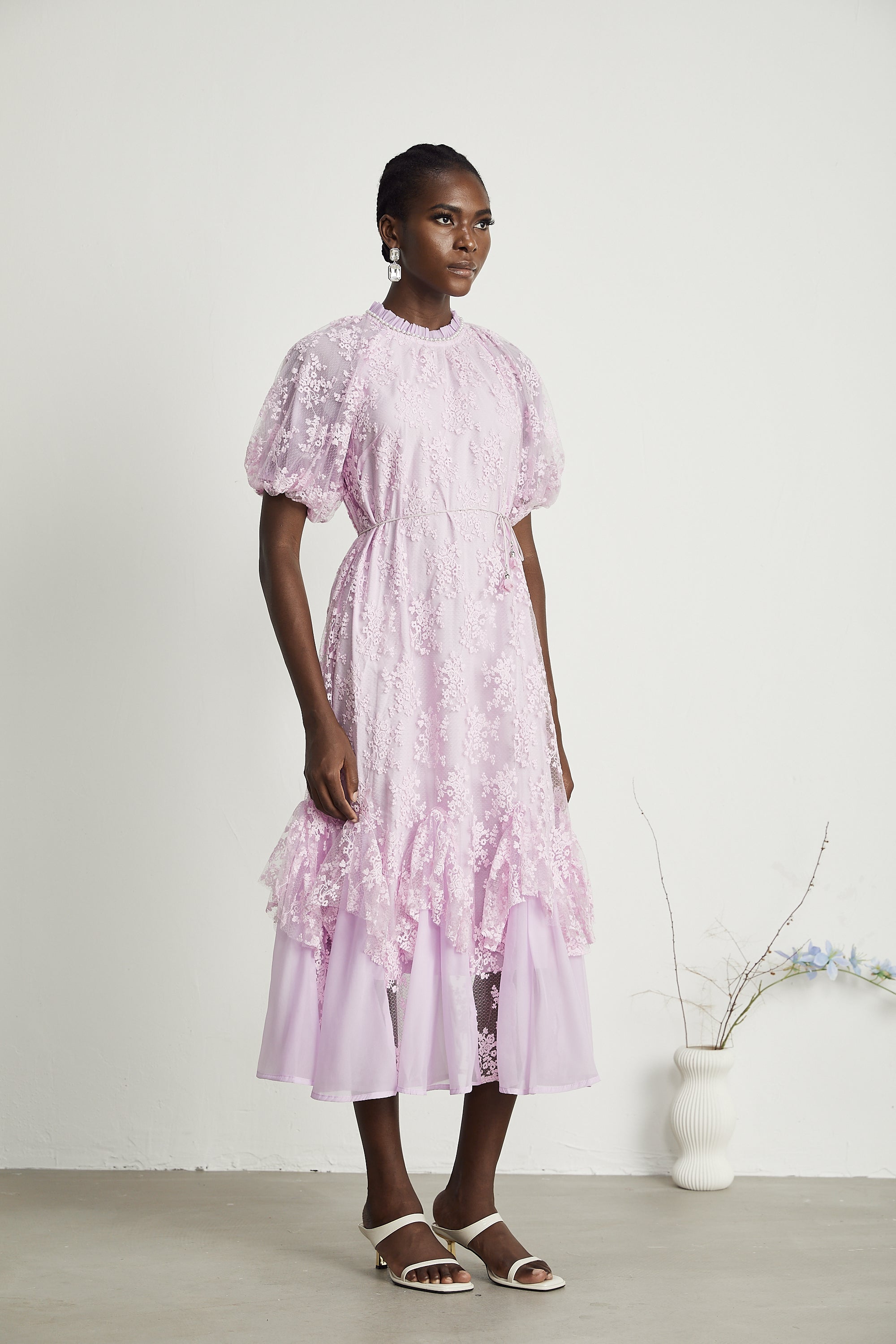 Coralie floral embroidered layered midi dress in Purple