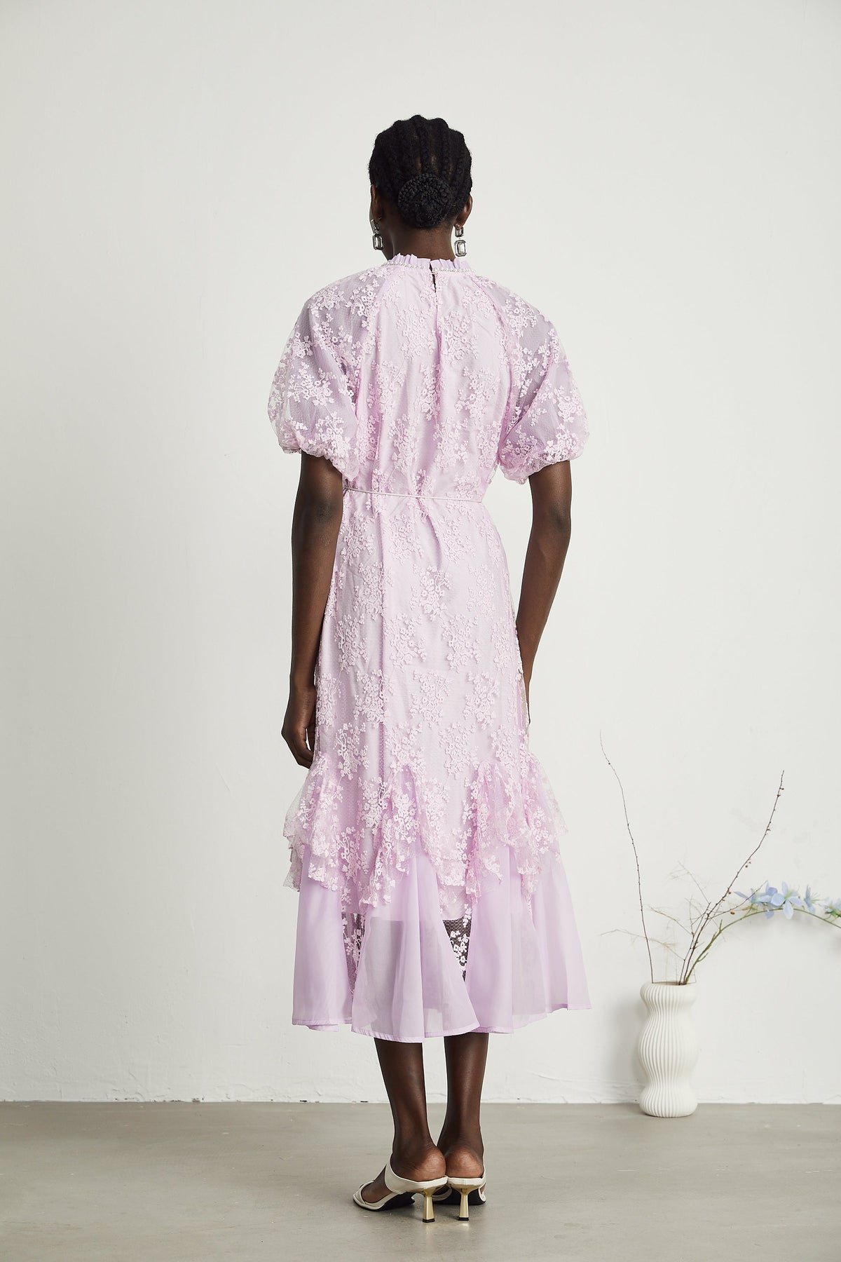 Coralie floral embroidered layered midi dress in Purple