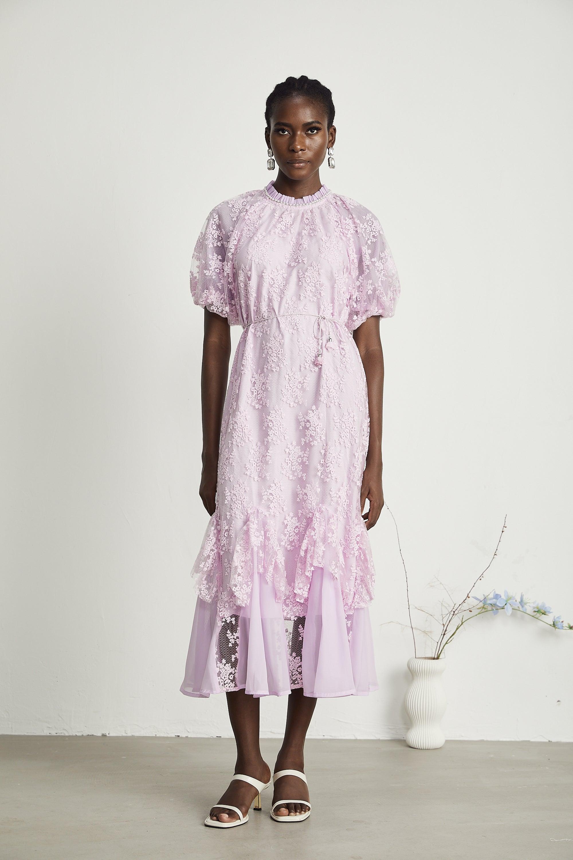 Coralie floral embroidered layered midi dress in Purple