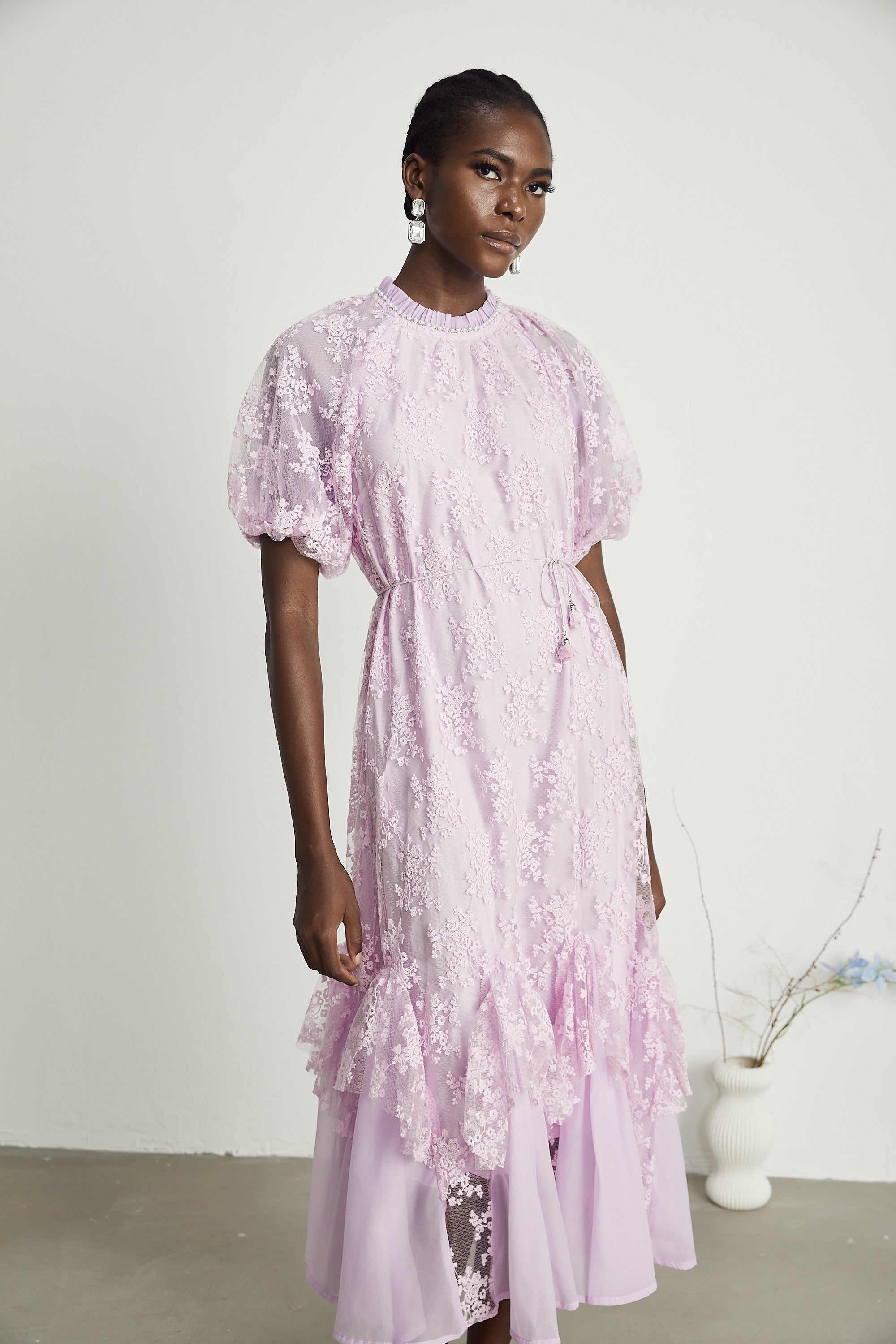 Coralie floral embroidered layered midi dress in Purple