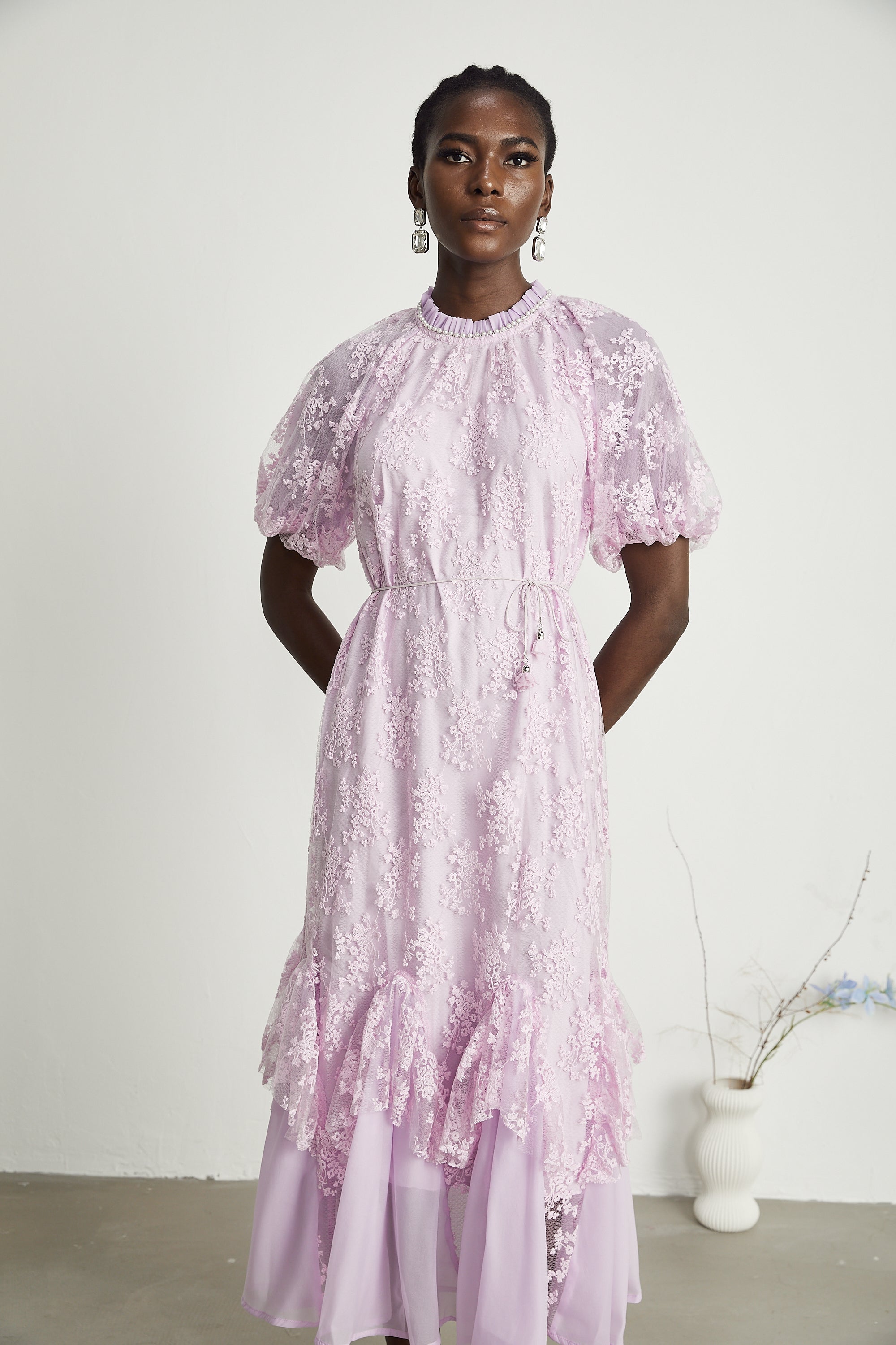 Coralie floral embroidered layered midi dress in Purple