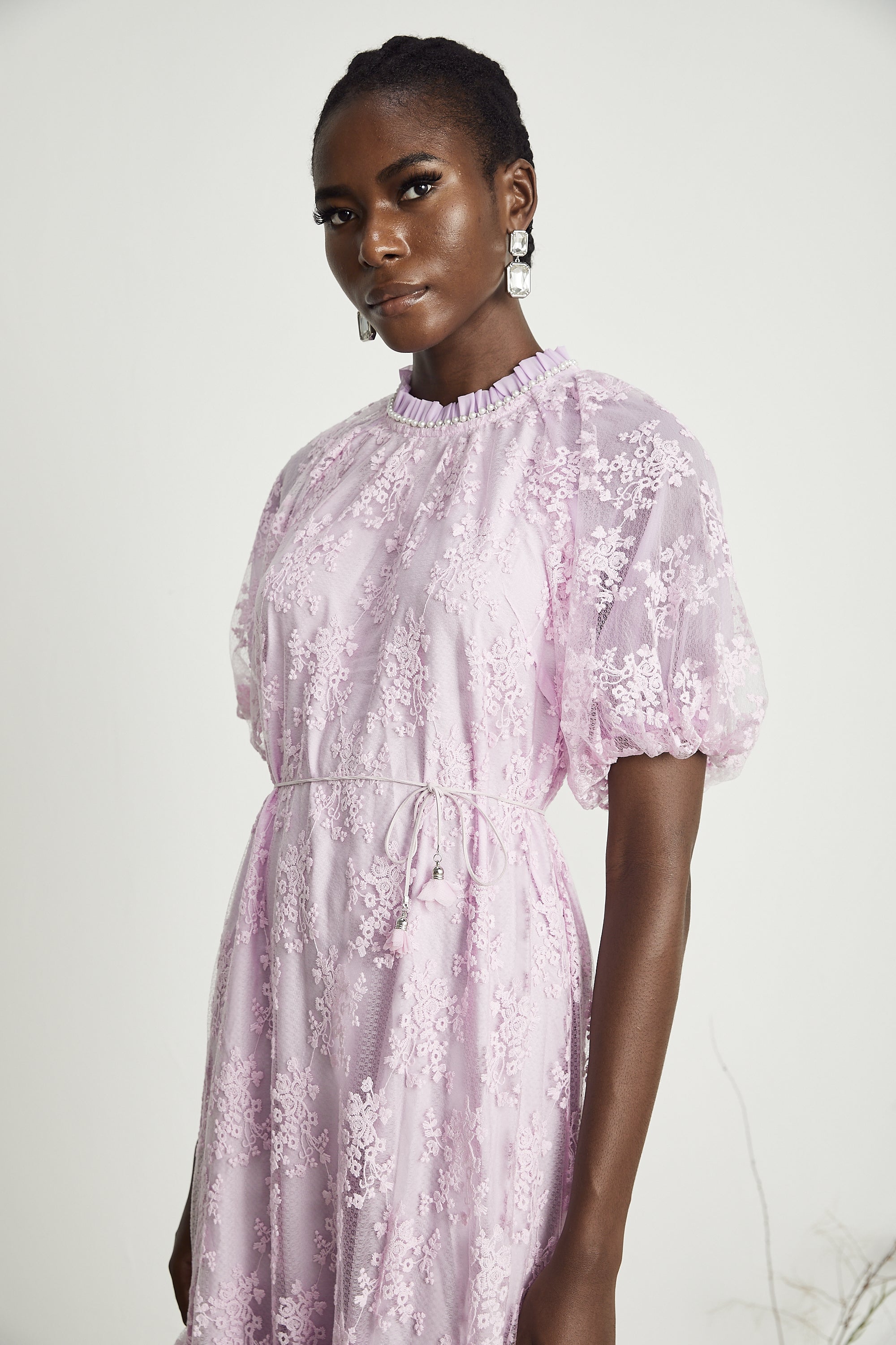 Coralie floral embroidered layered midi dress in Purple