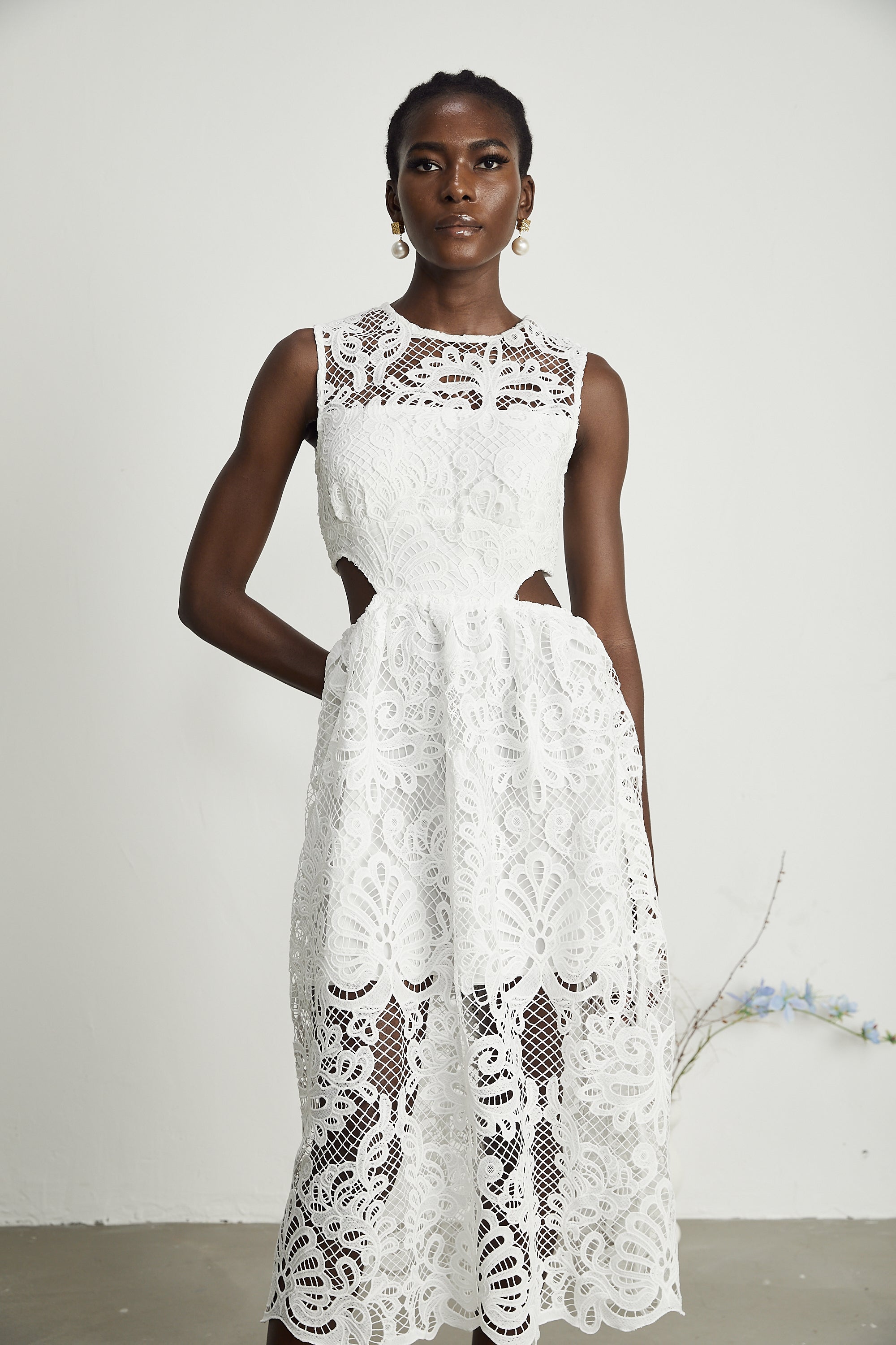 Emma guipure-lace sleeveless midi dress (US Only)