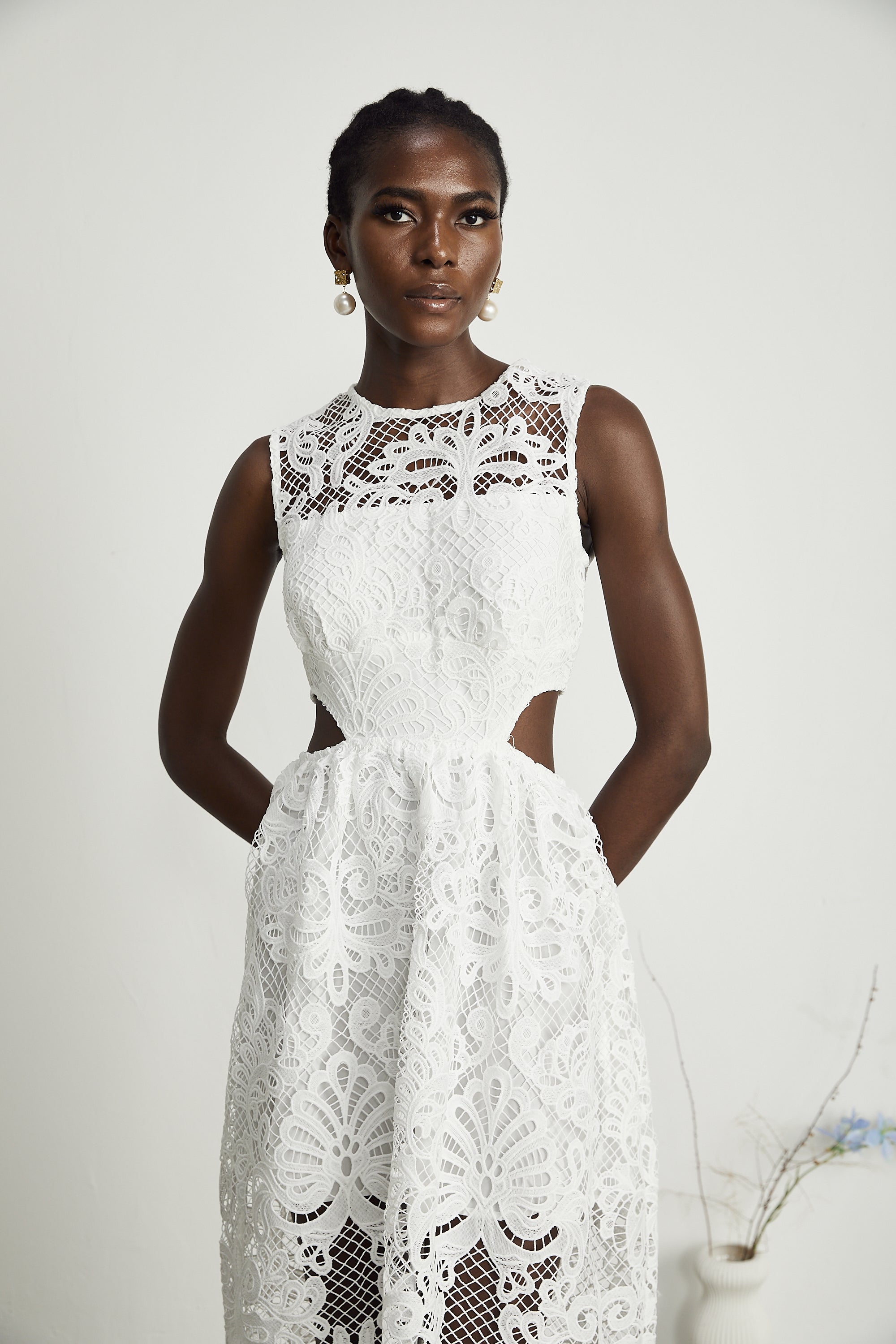 Emma guipure-lace sleeveless midi dress (US Only)