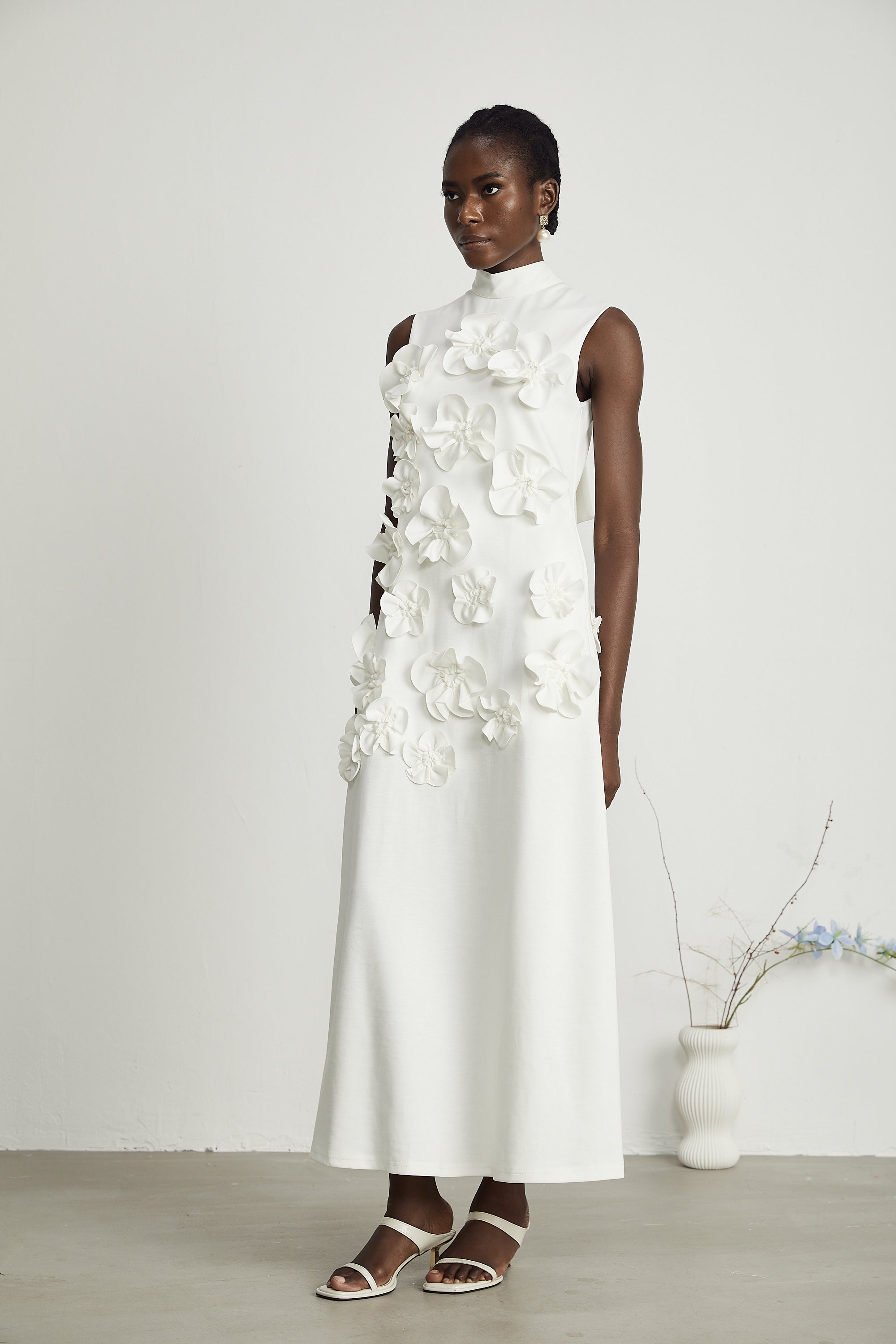 Magali White Sleeveless Maxi Dress with Faux Flower & Bow-Tie Embellishment (Final Sale-US Only)