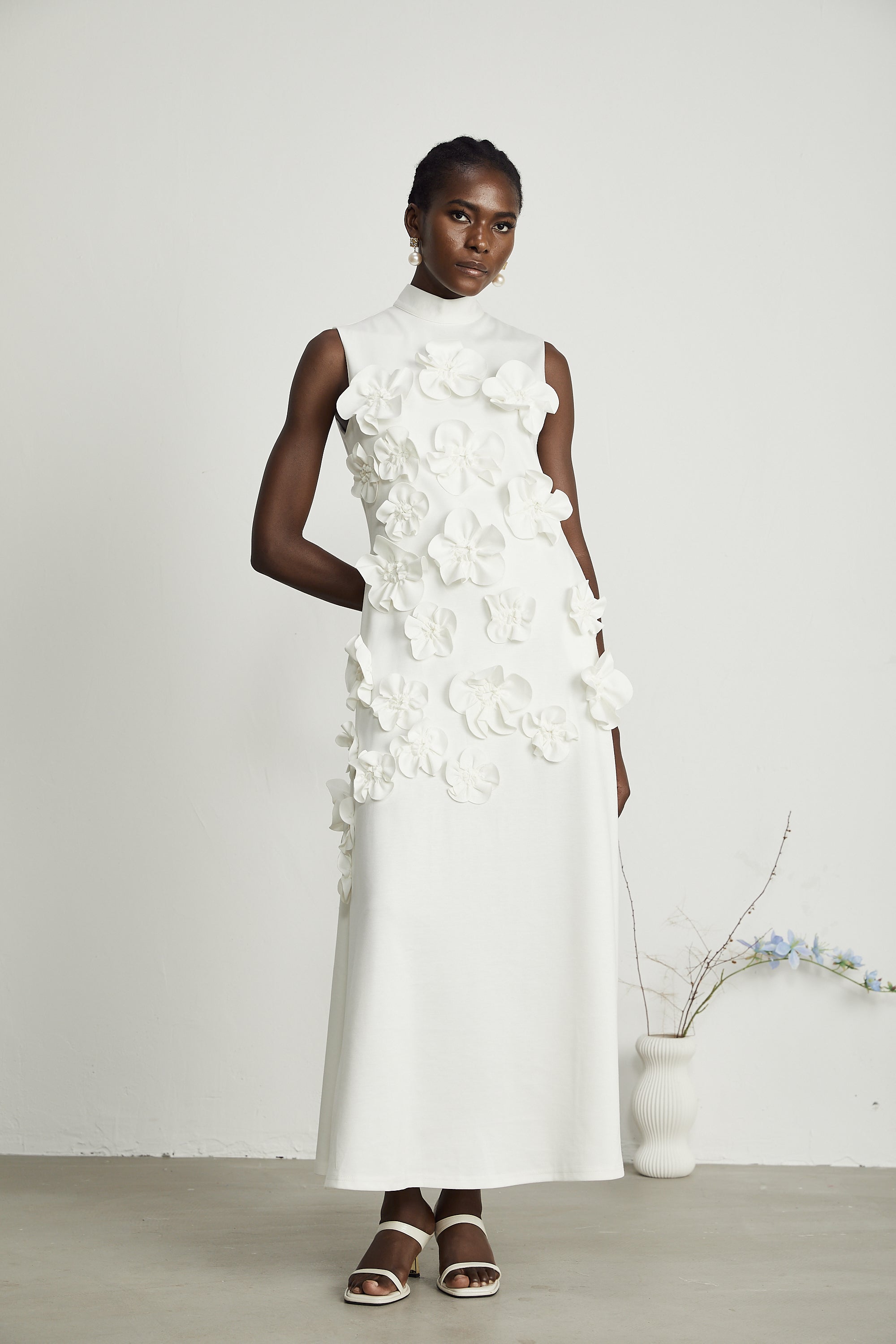 Magali White Sleeveless Maxi Dress with Faux Flower & Bow-Tie Embellishment (Final Sale-US Only)