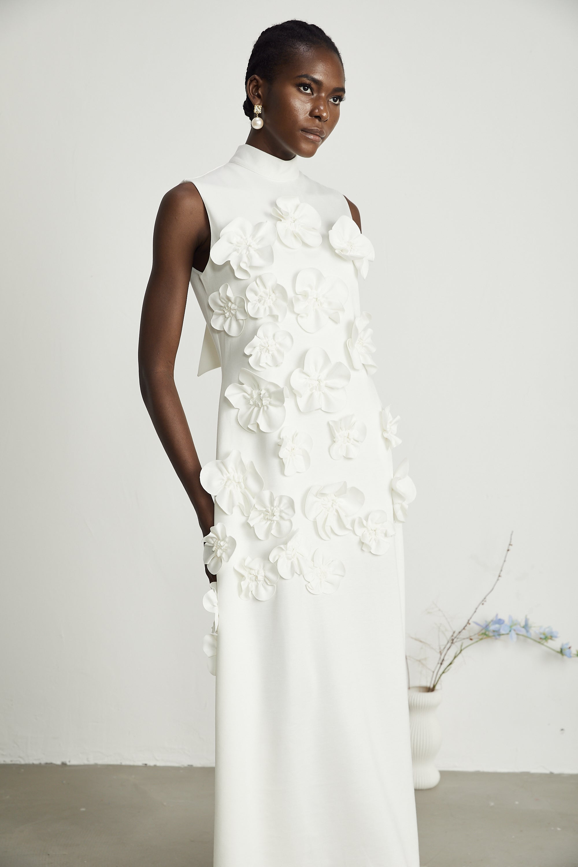 Magali White Sleeveless Maxi Dress with Faux Flower & Bow-Tie Embellishment (Final Sale-US Only)