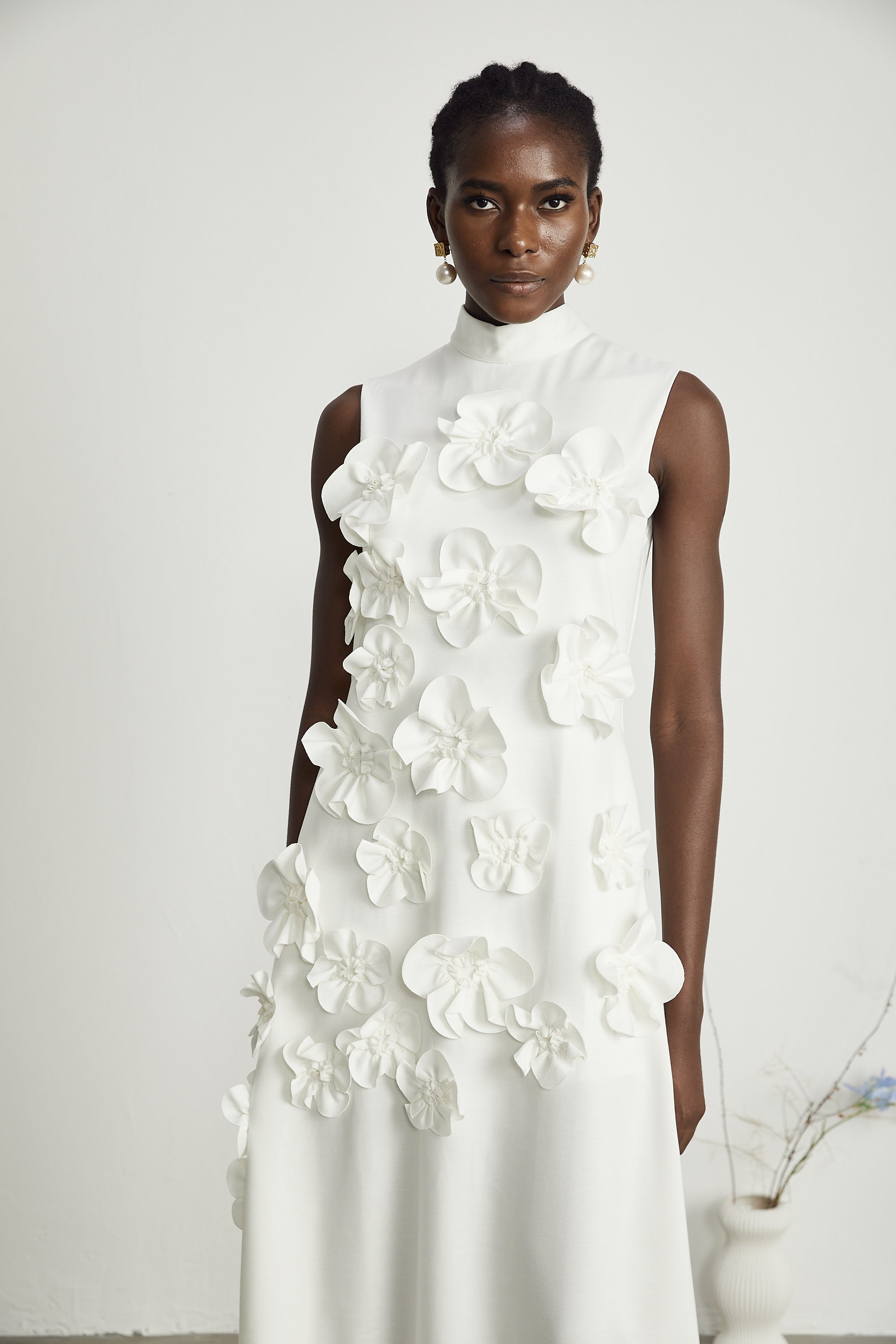 Magali White Sleeveless Maxi Dress with Faux Flower & Bow-Tie Embellishment (Final Sale-US Only)