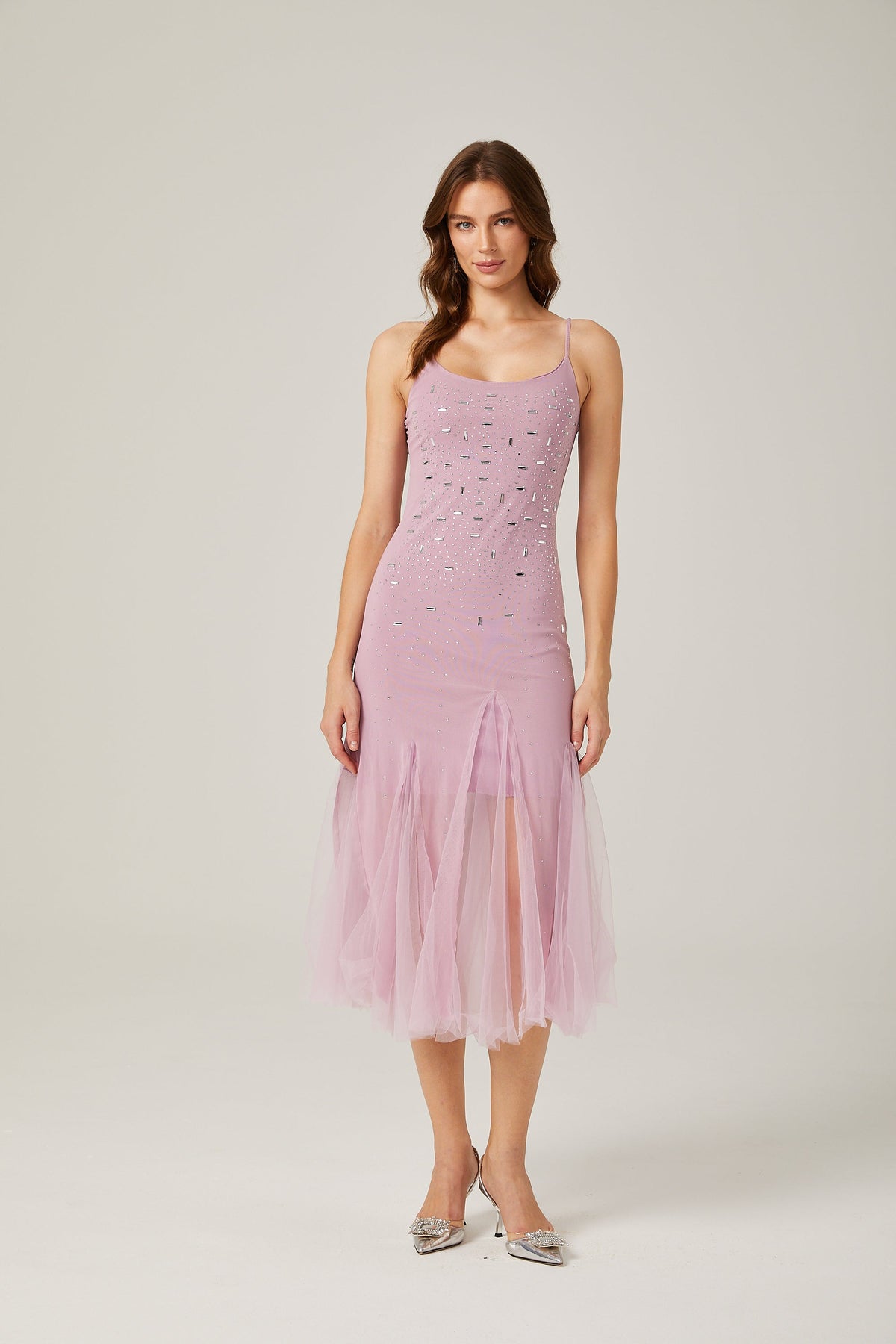 Axelle purple embellished mesh midi dress