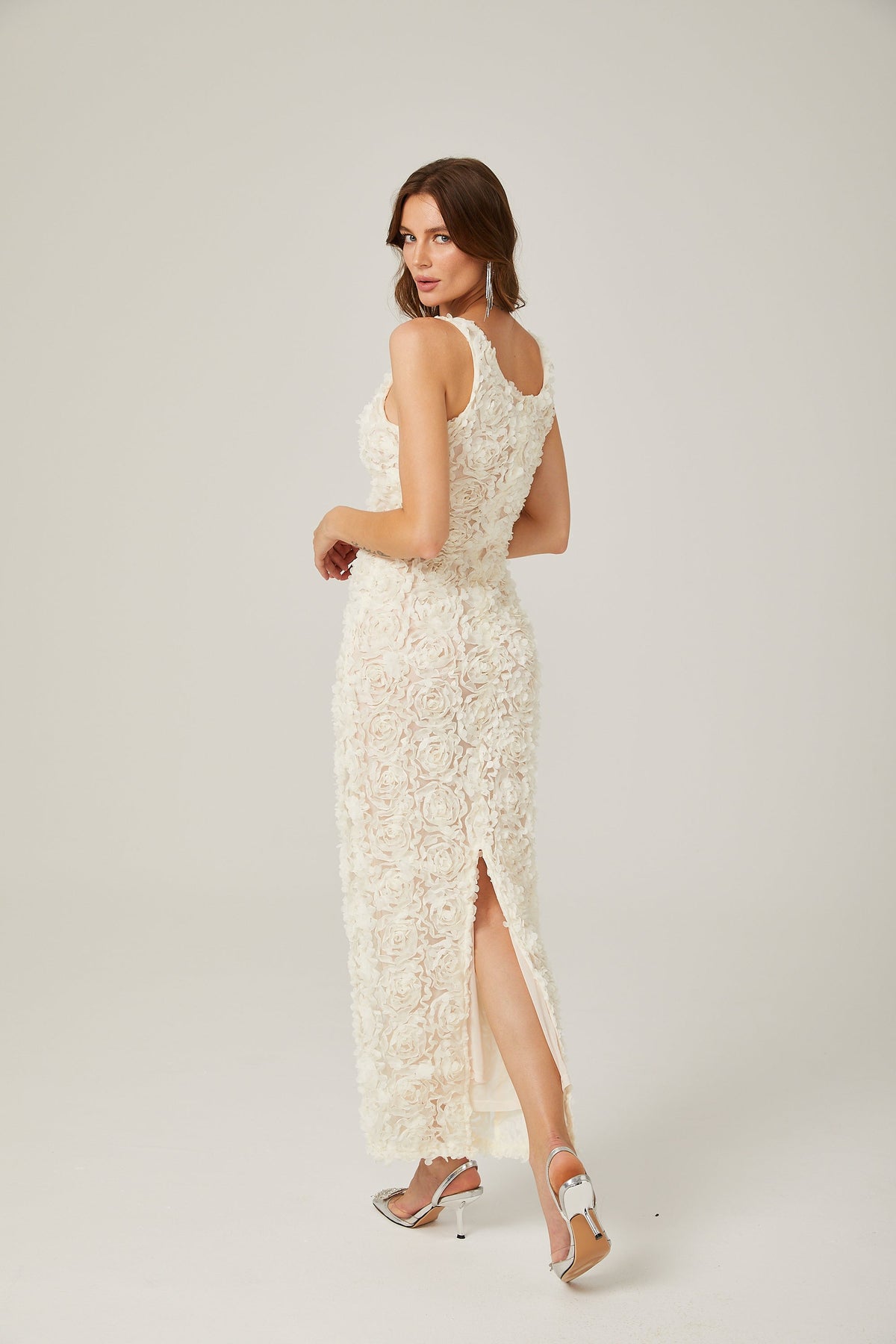 Sylvie faux-flower V-neck maxi dress in Neutrals