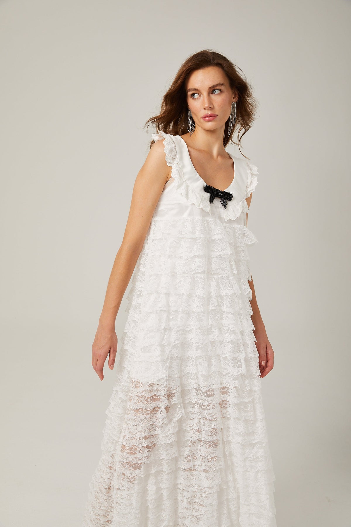 Alora white lace-trim tiered midi dress