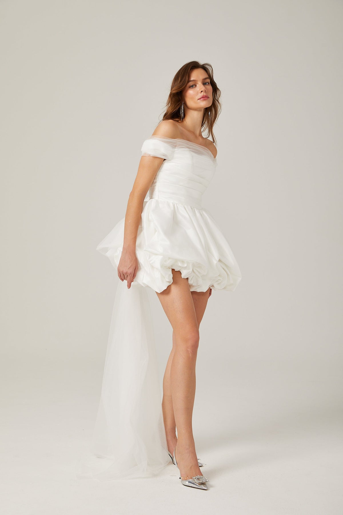 Aurore white off-shoulder bowknot mini dress