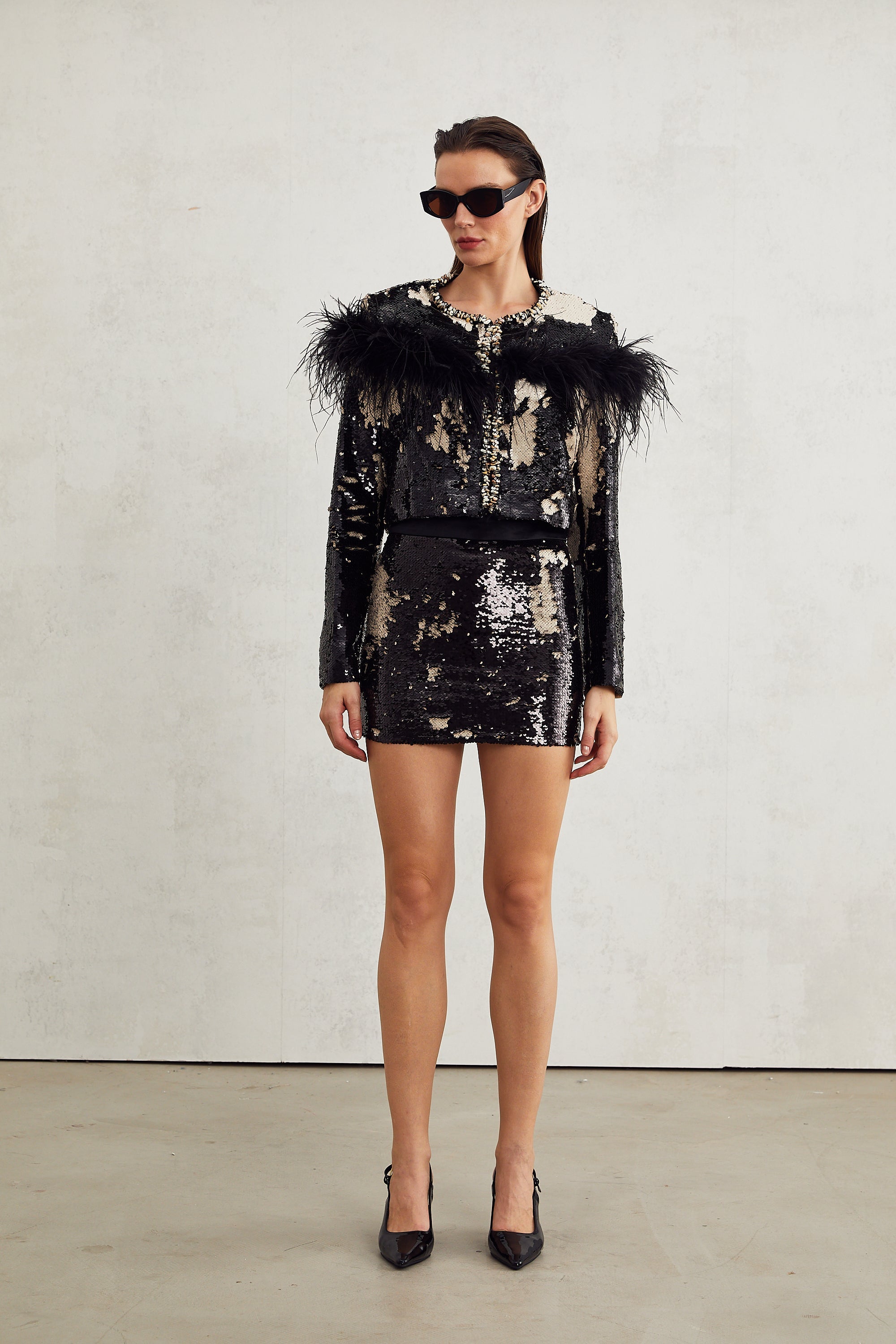 Magali feather-embellished sequin short jacket