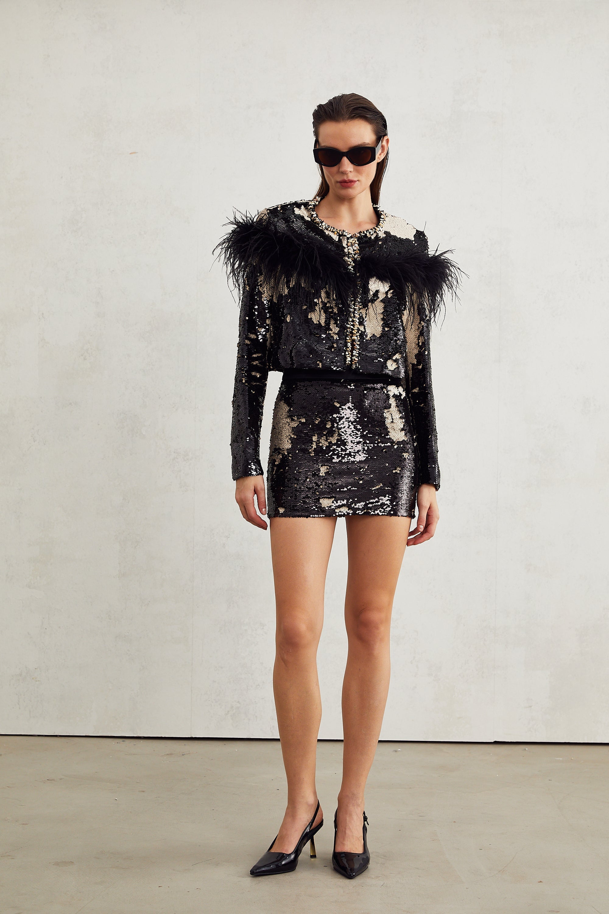 Magali feather-embellished sequin short jacket