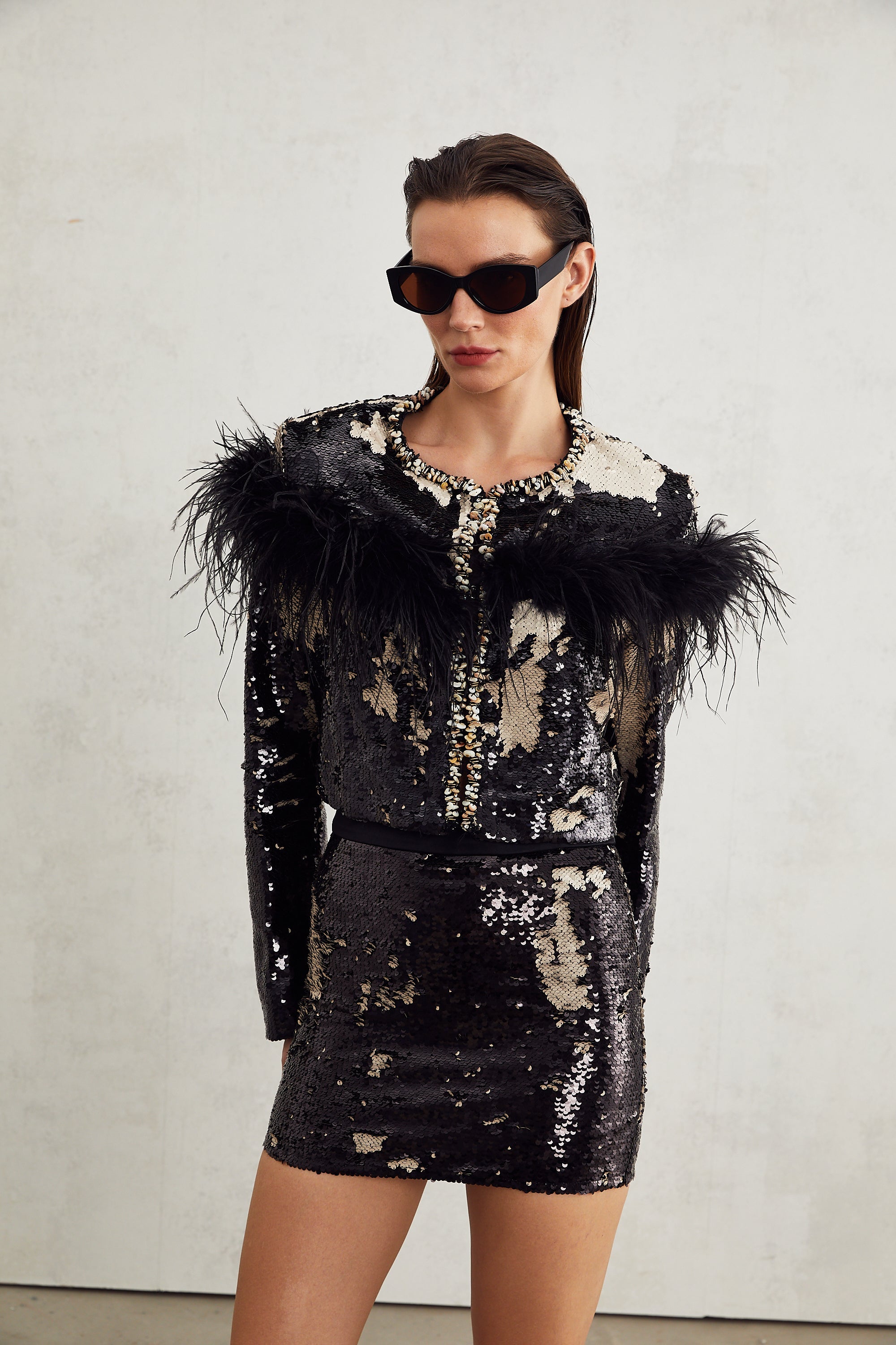 Magali feather-embellished sequin short jacket