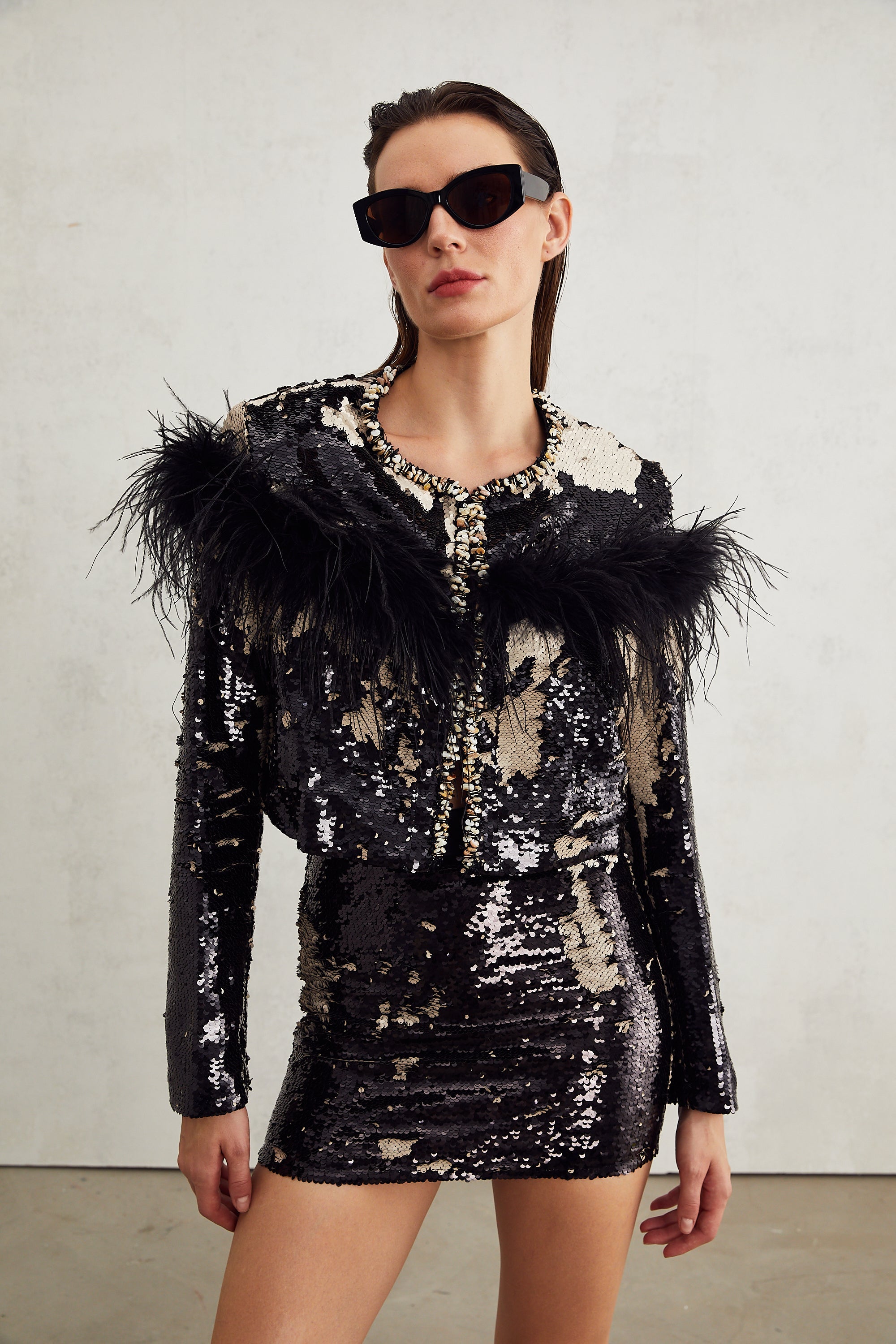 Magali feather-embellished sequin short jacket