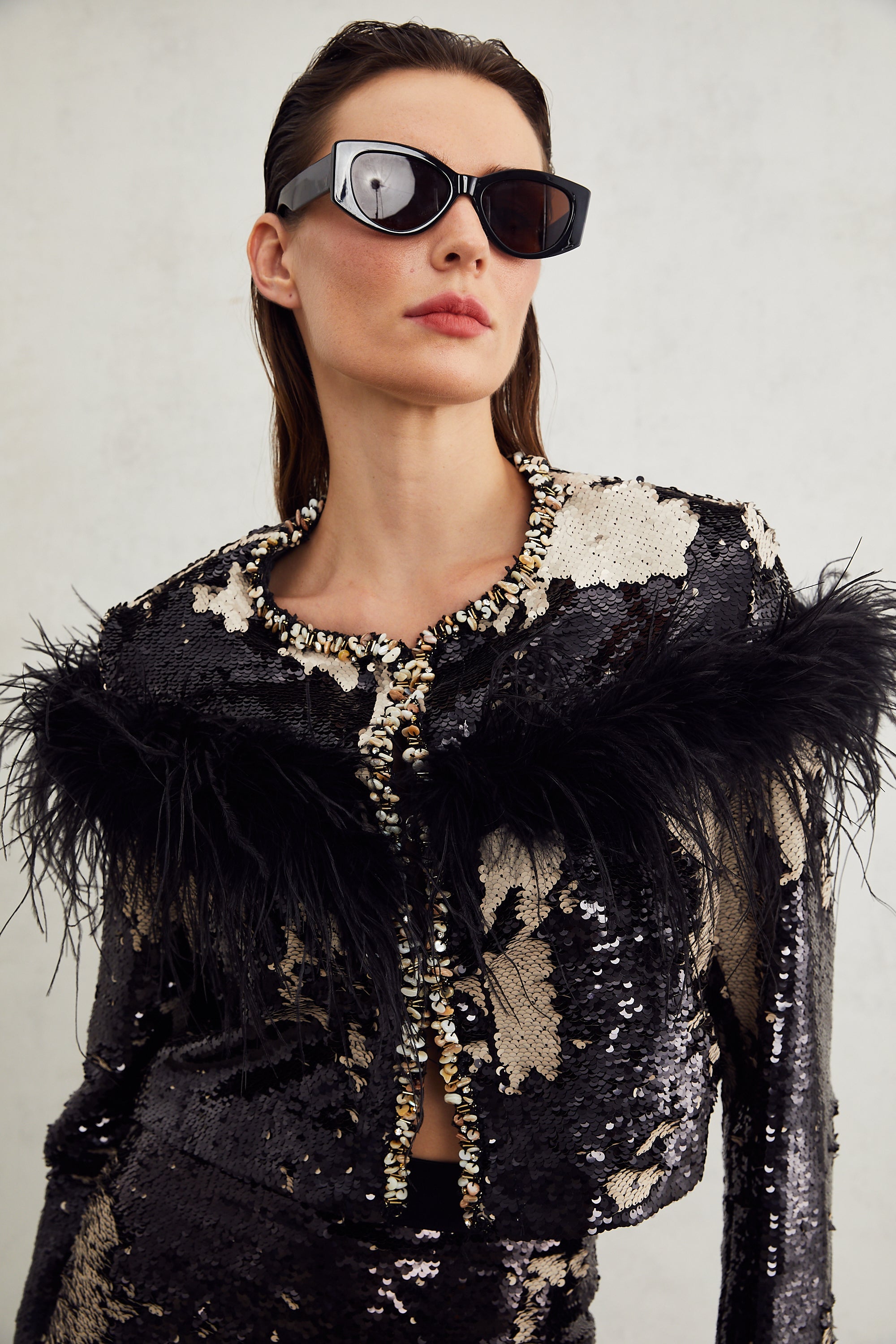 Magali feather-embellished sequin short jacket