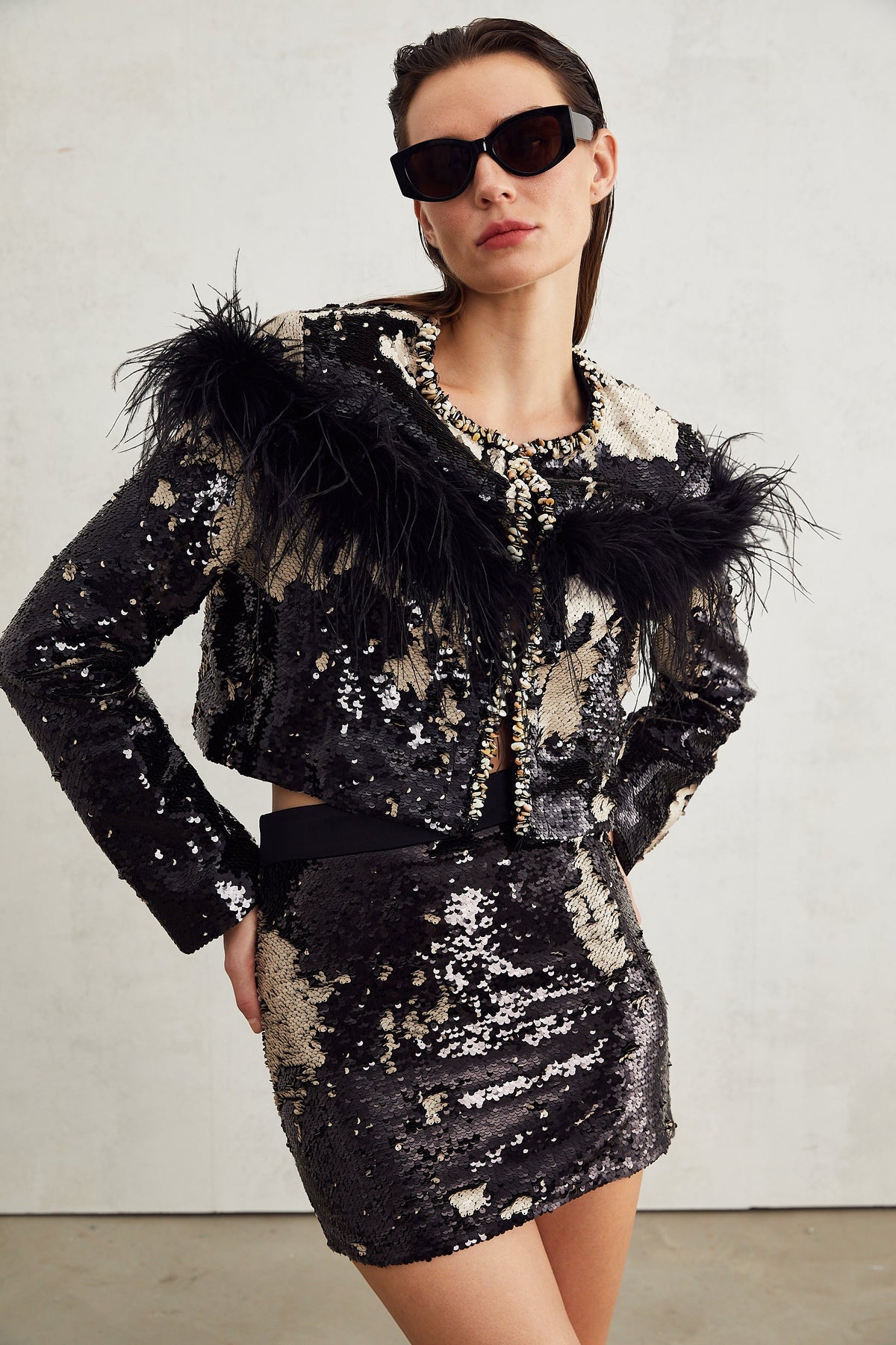 Magali feather-embellished sequin short jacket