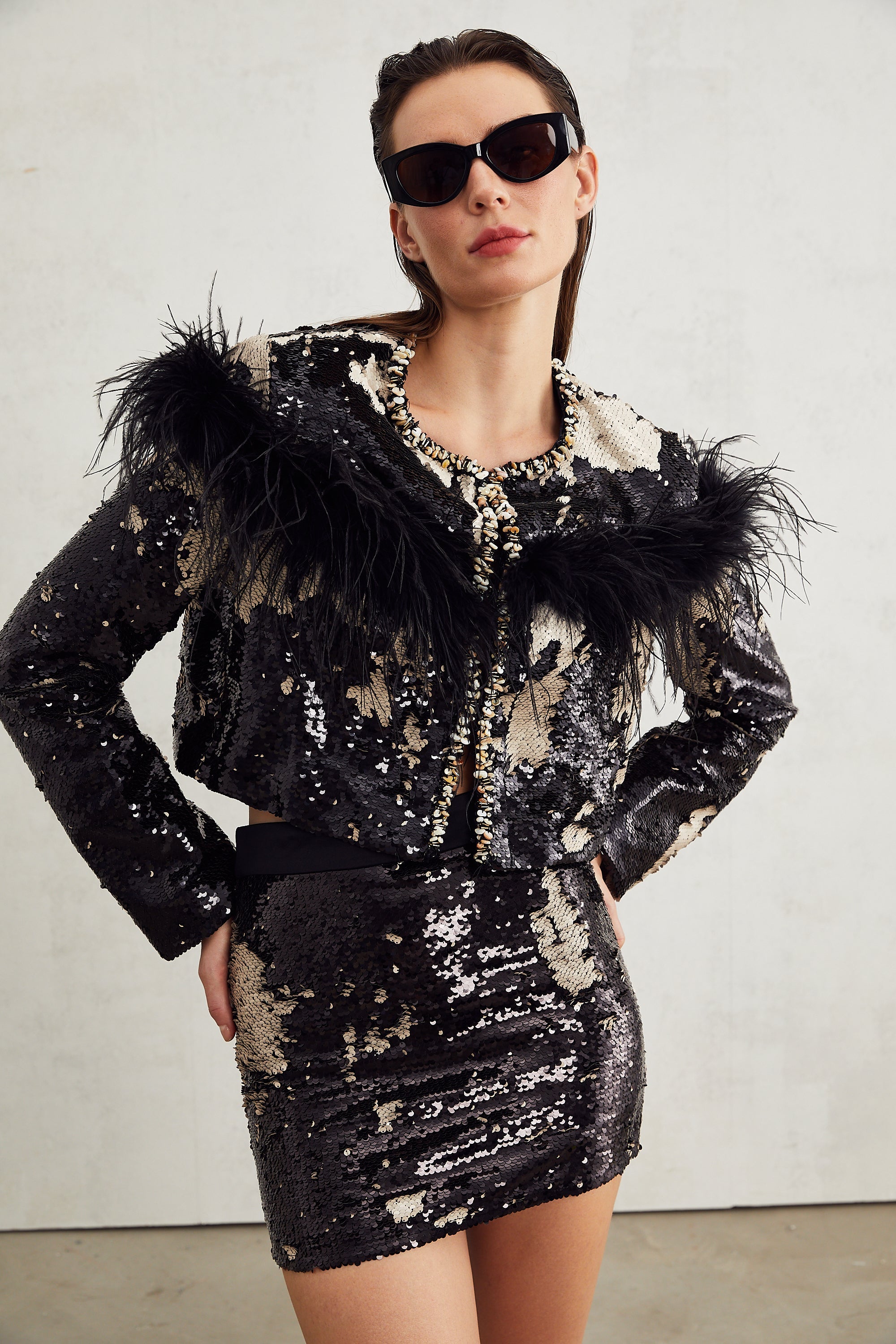 Magali feather-embellished sequin short jacket