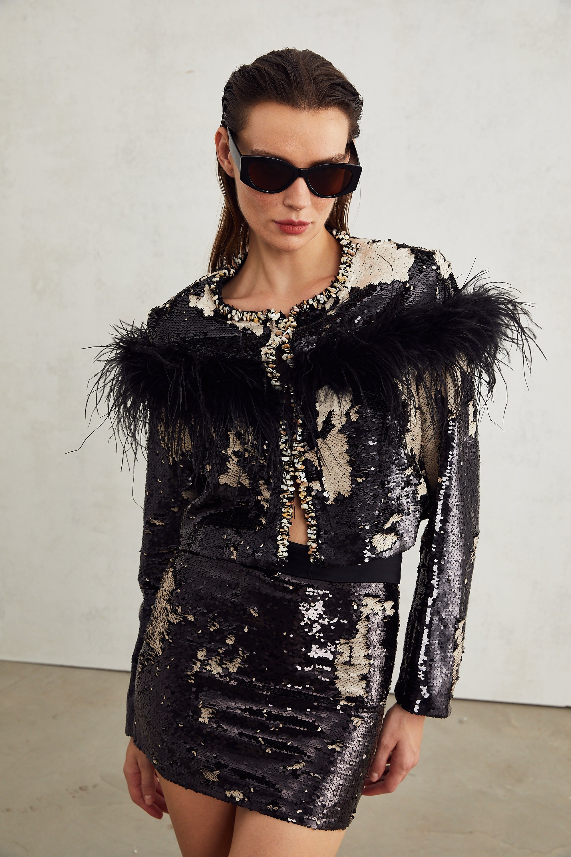 Magali feather-embellished sequin short jacket