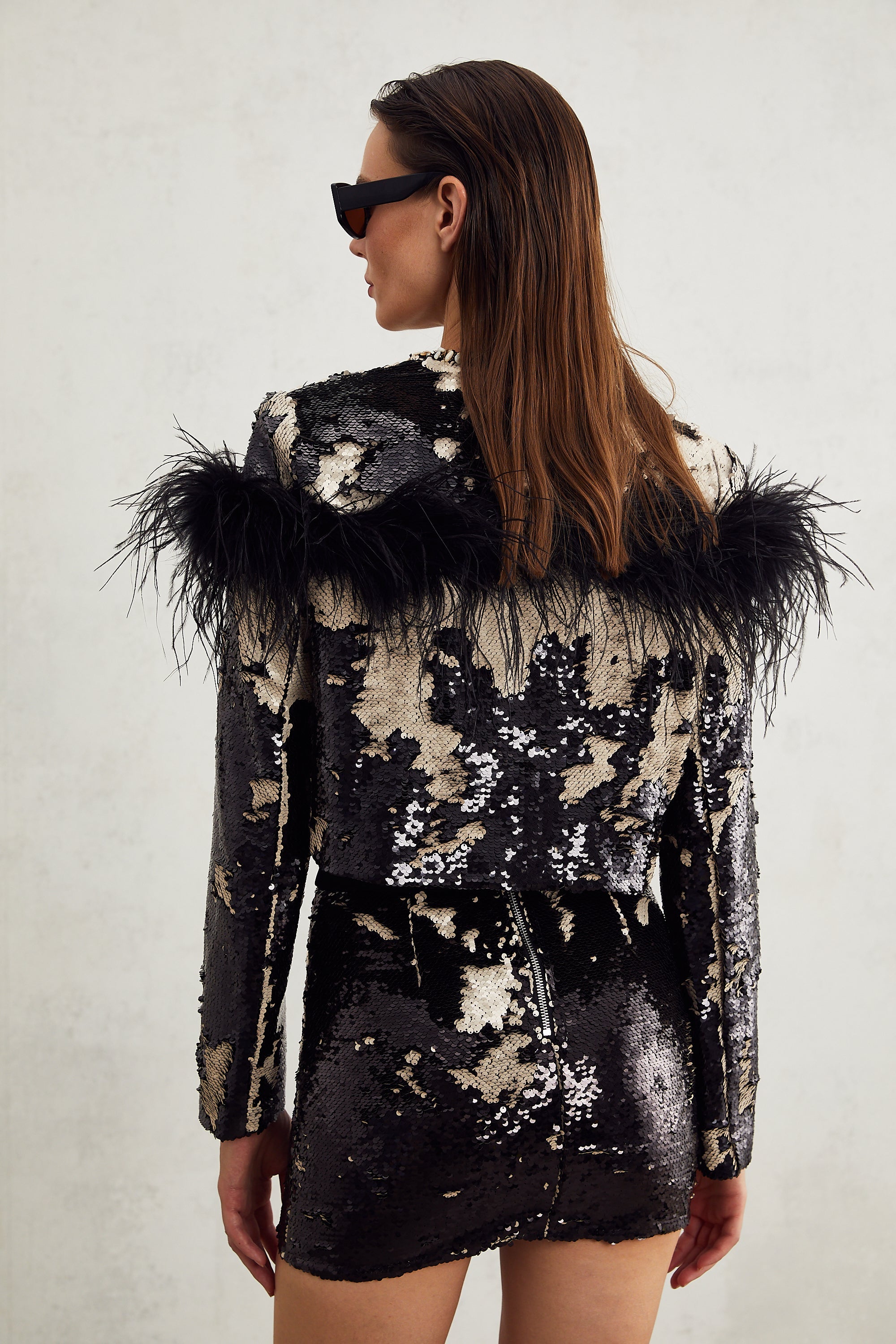 Magali feather-embellished sequin short jacket