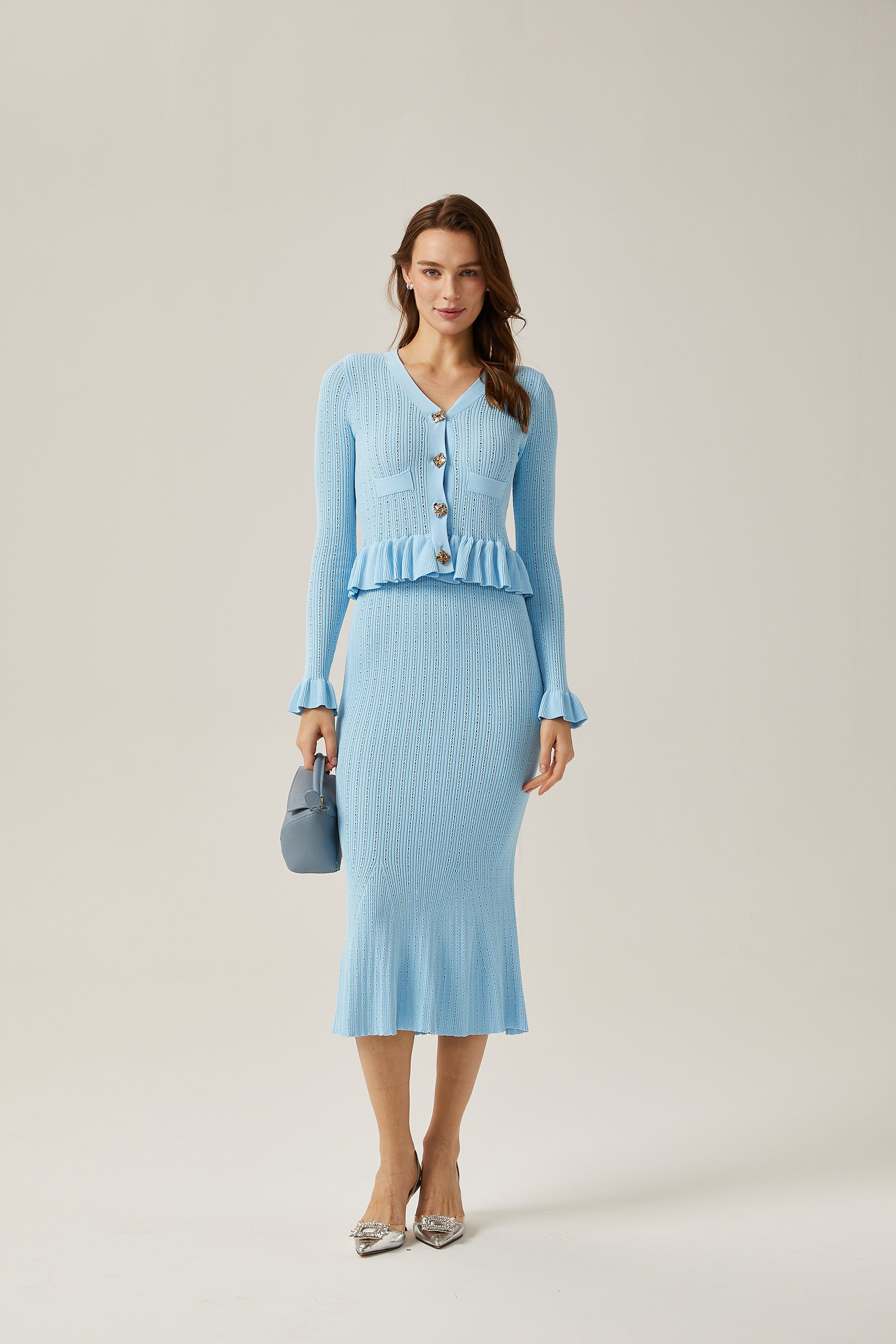 Gabrielle blue flared knitted top & skirt matching set