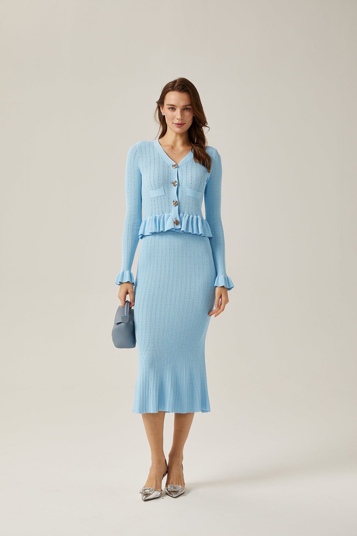 Gabrielle blue flared knitted top & skirt matching set
