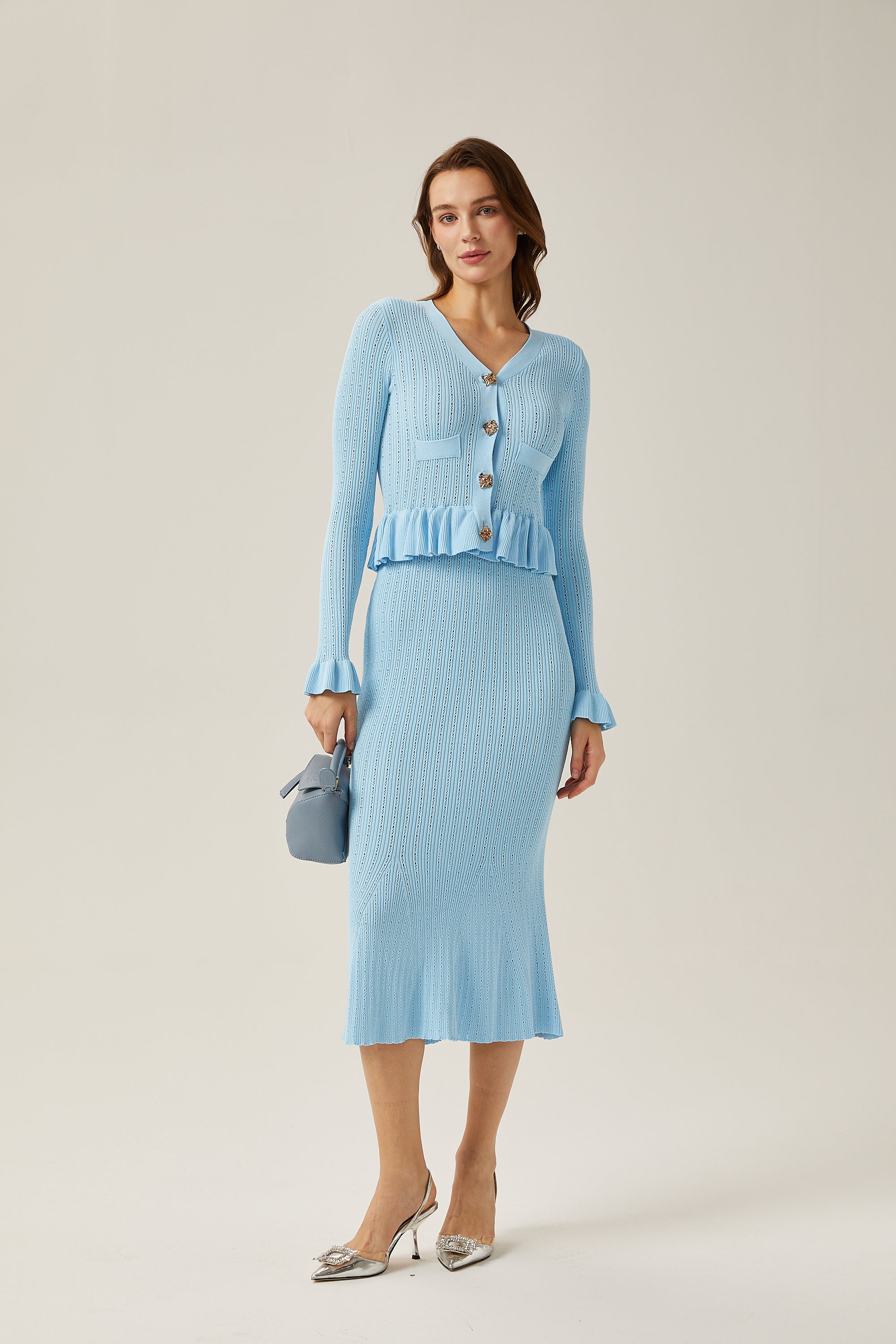 Gabrielle blue flared knitted top & skirt matching set