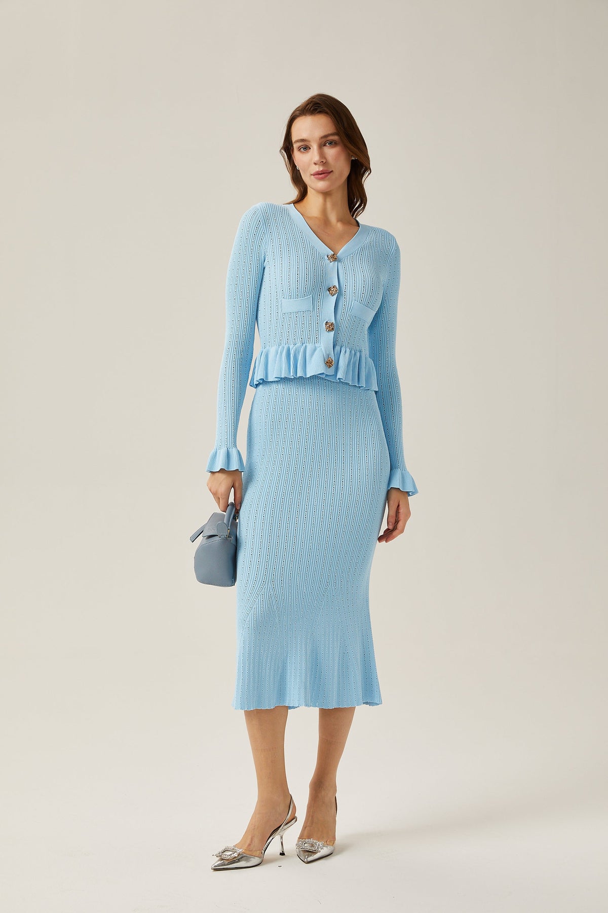 Gabrielle blue flared knitted top & skirt matching set