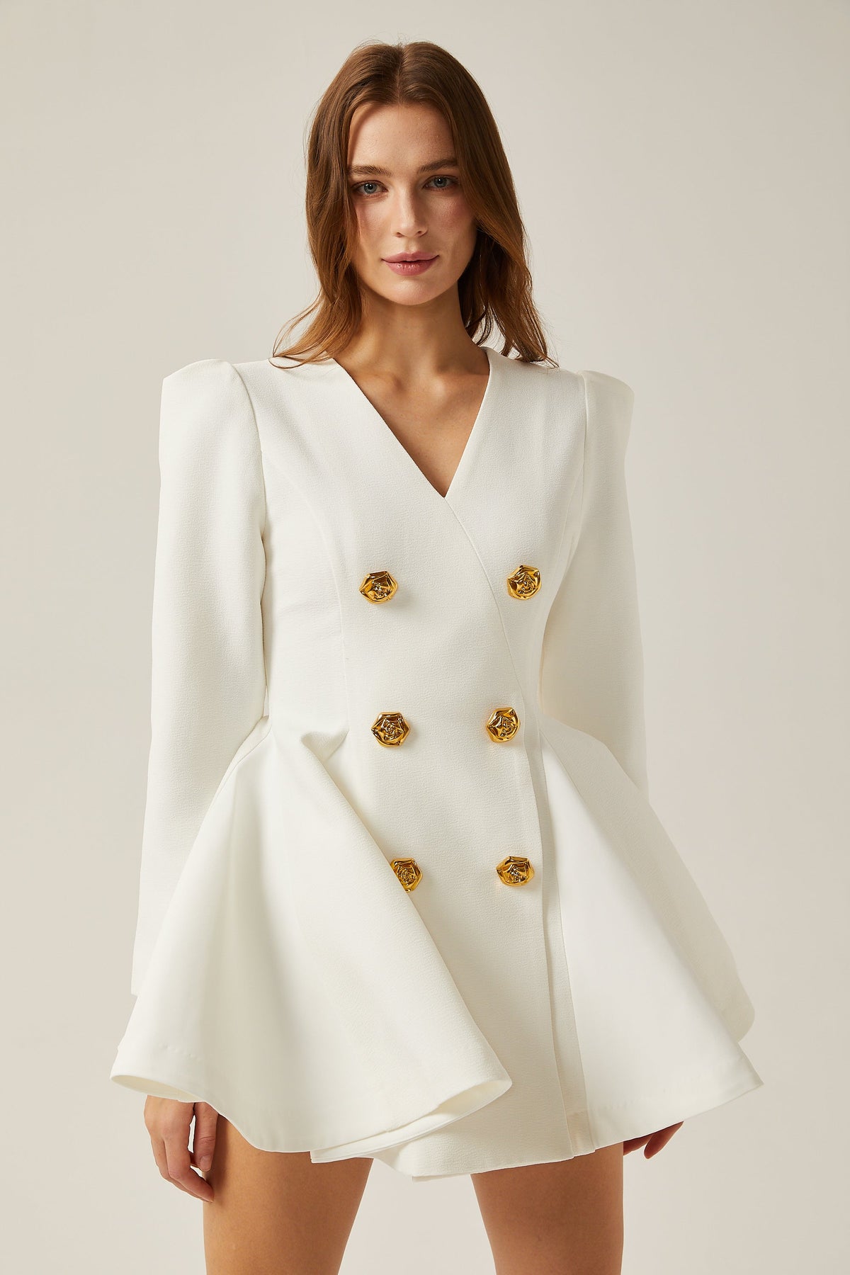 Élise pleated peplum-hem blazer dress in White