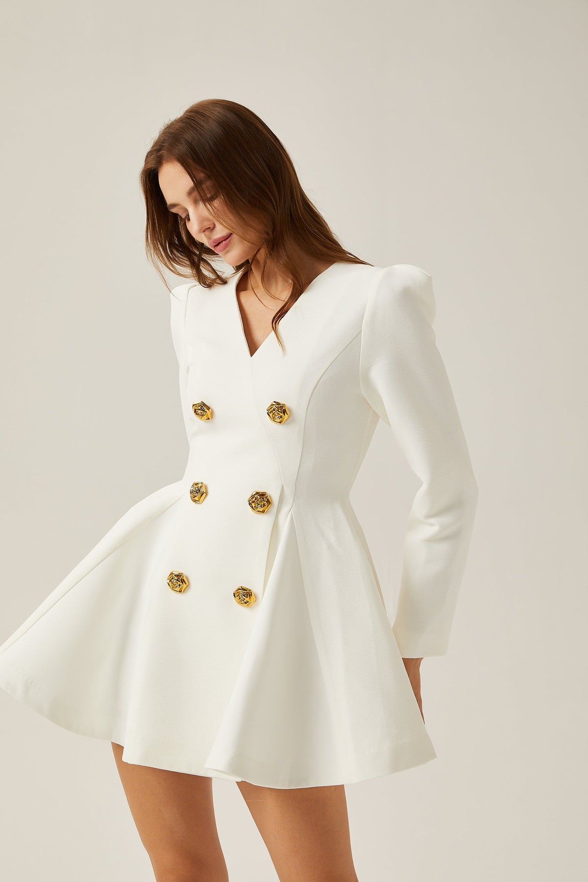 Élise pleated peplum-hem blazer dress in White