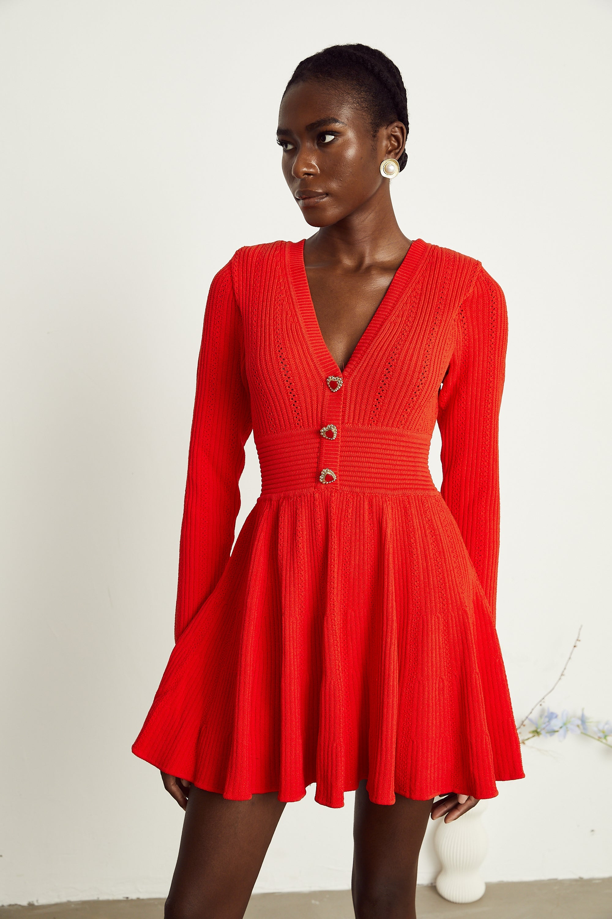 Coralie red V-neck flared mini dress (Final Sale)