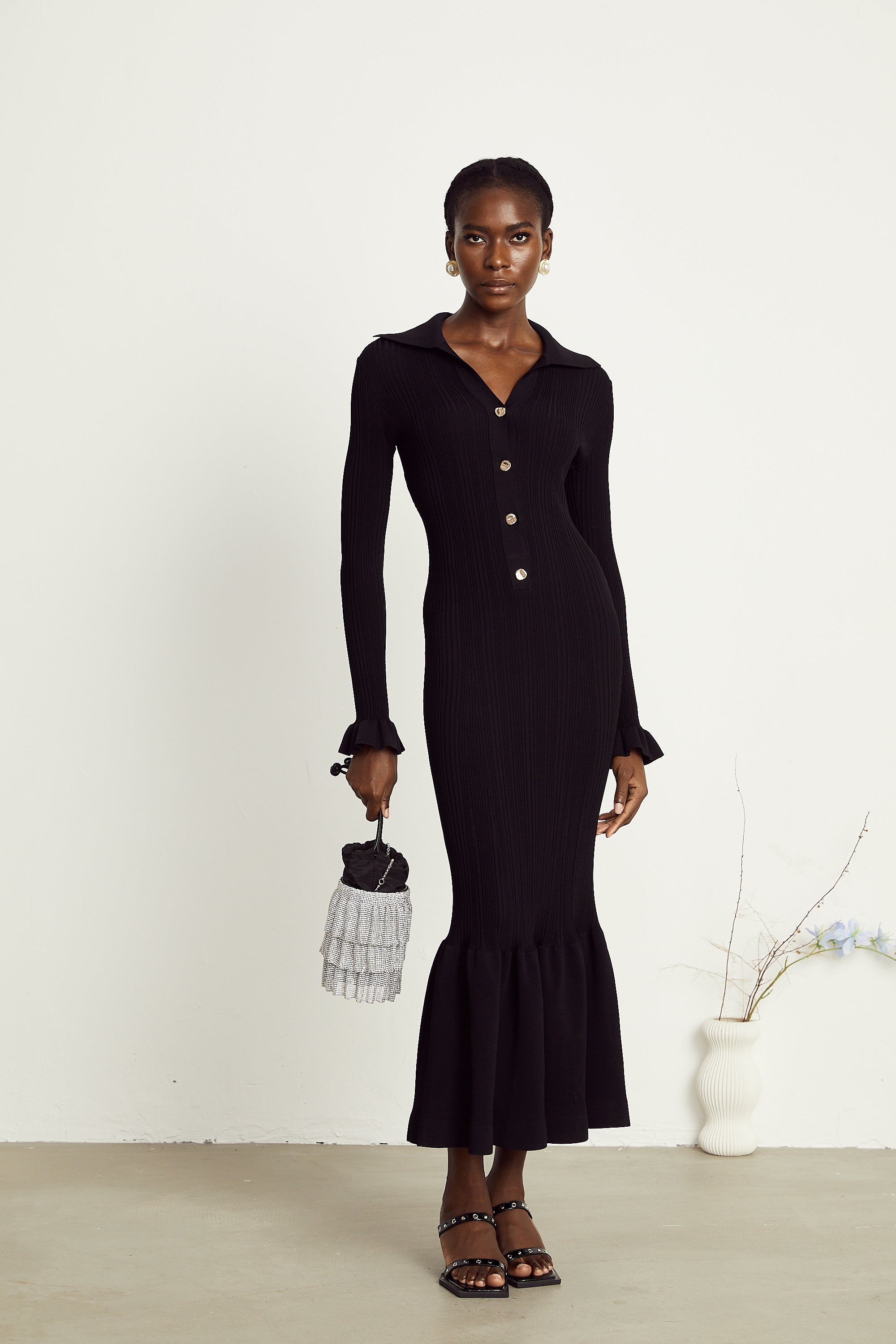 Priscille black ruffled midi dress (US Only)