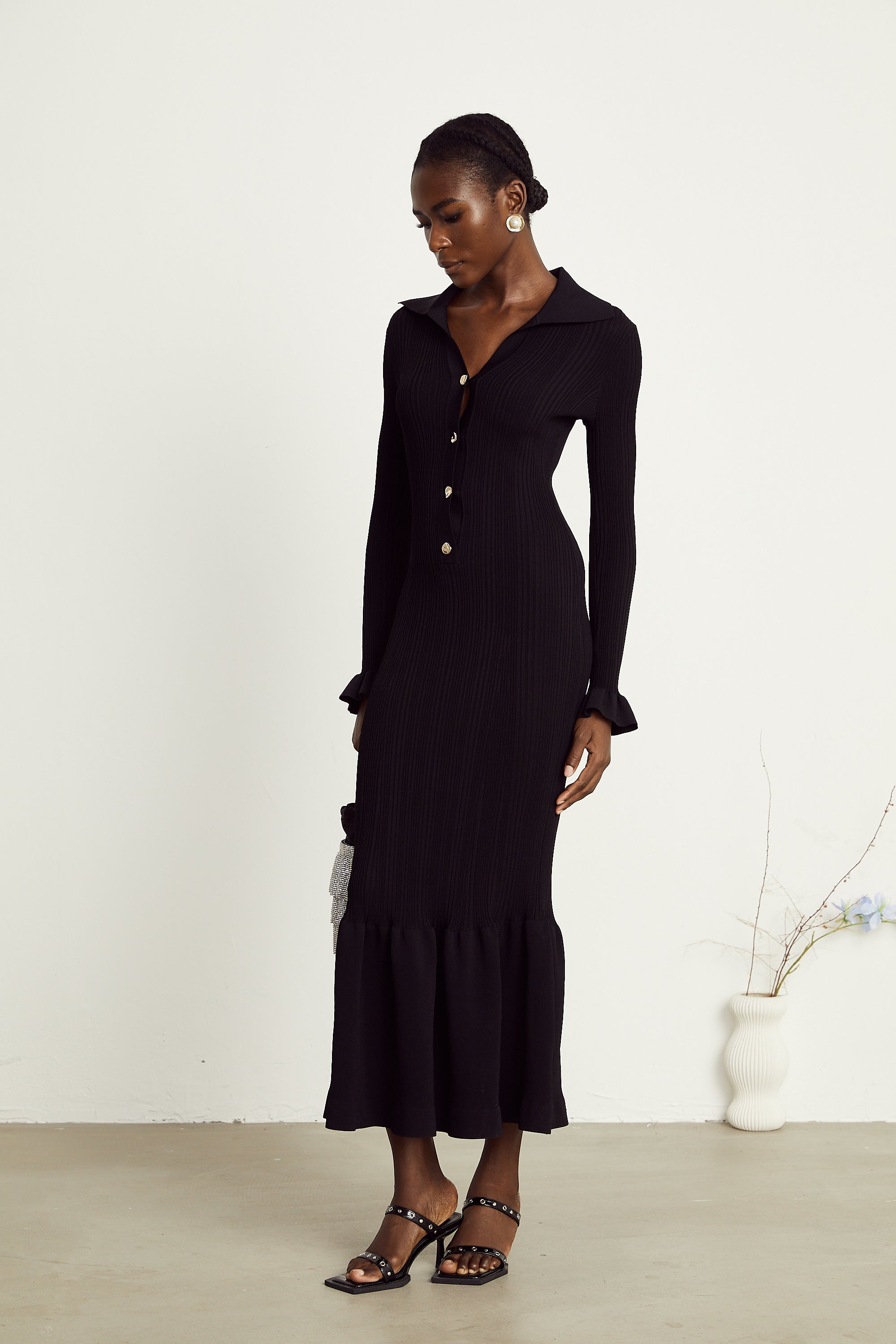 Priscille black ruffled midi dress (US Only)