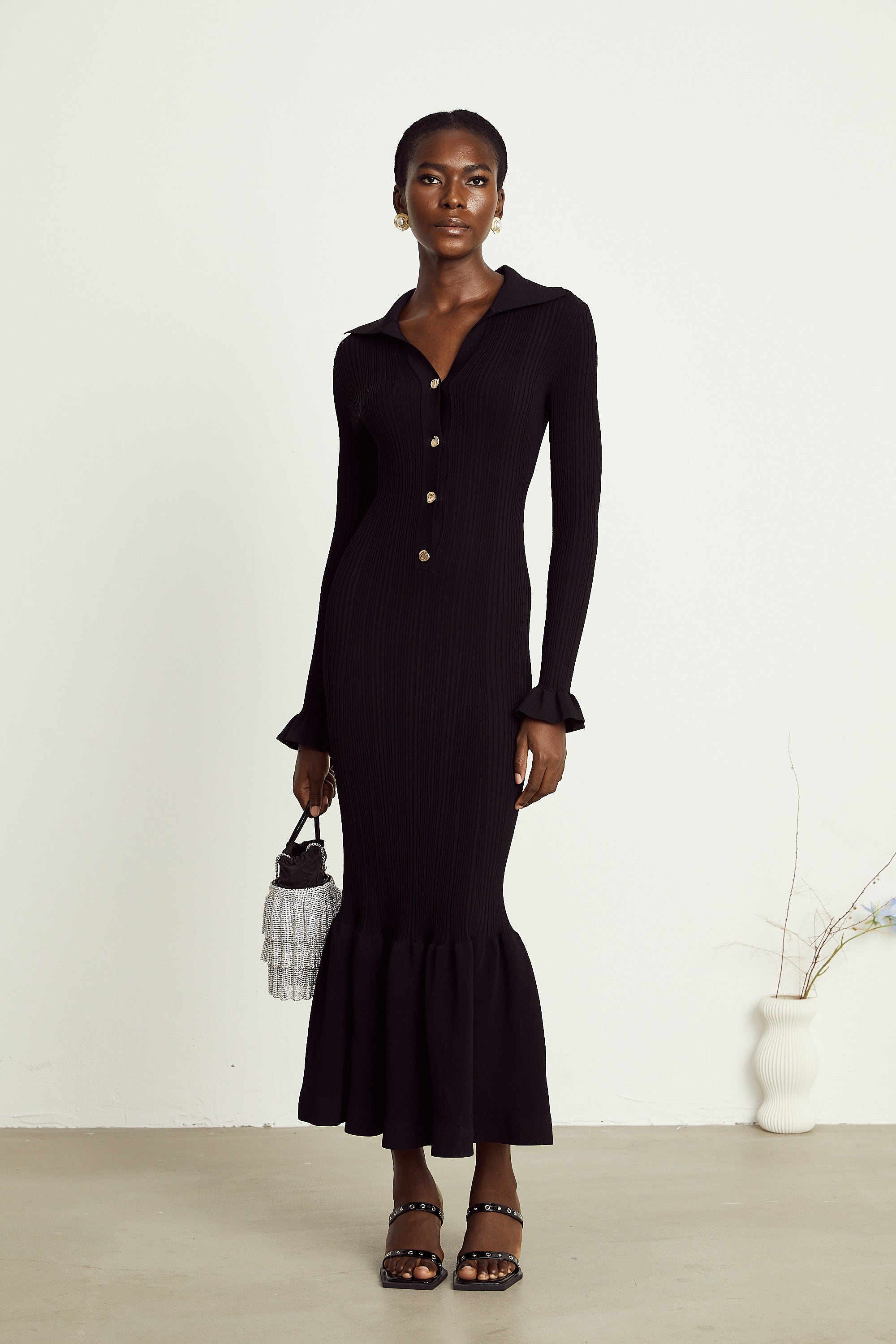 Priscille black ruffled midi dress (US Only)