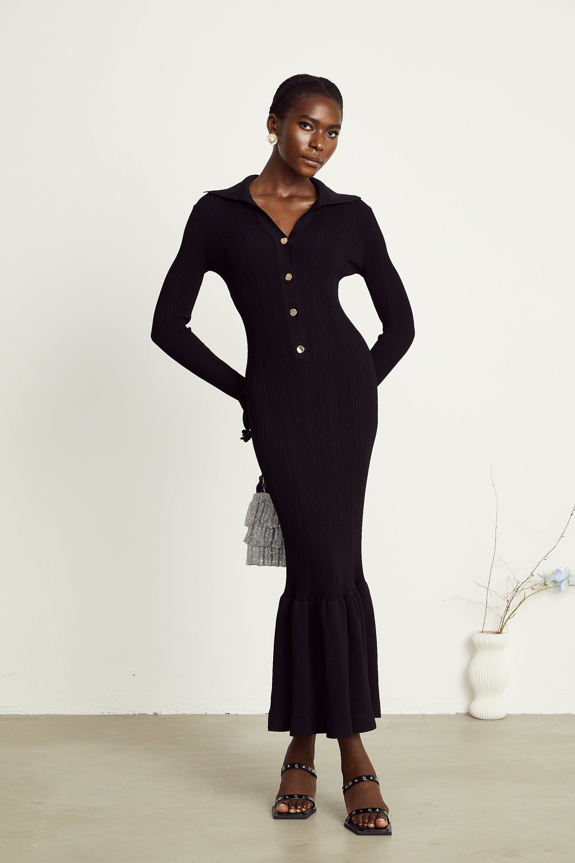 Priscille black ruffled midi dress (US Only)