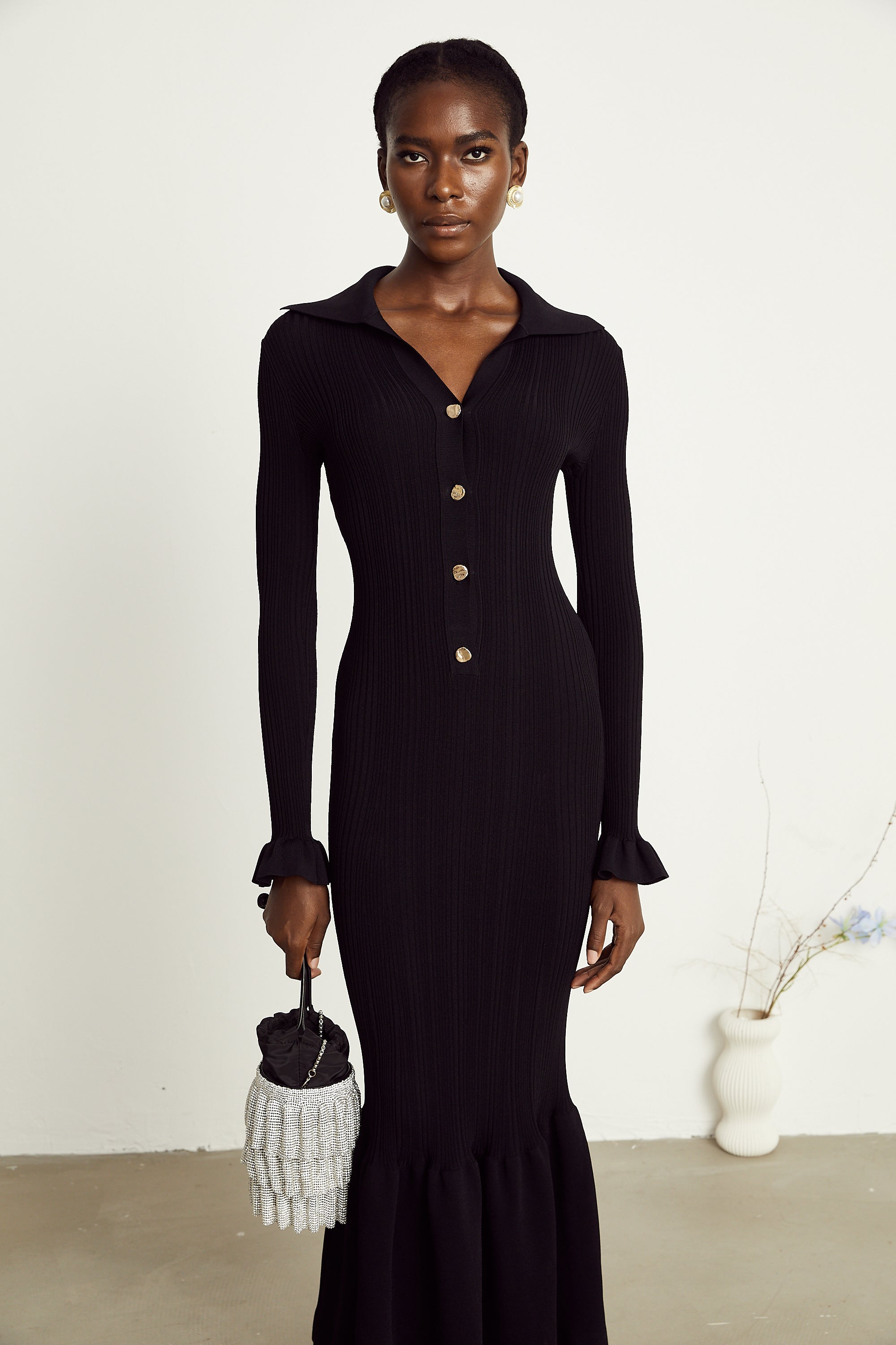 Priscille black ruffled midi dress (US Only)