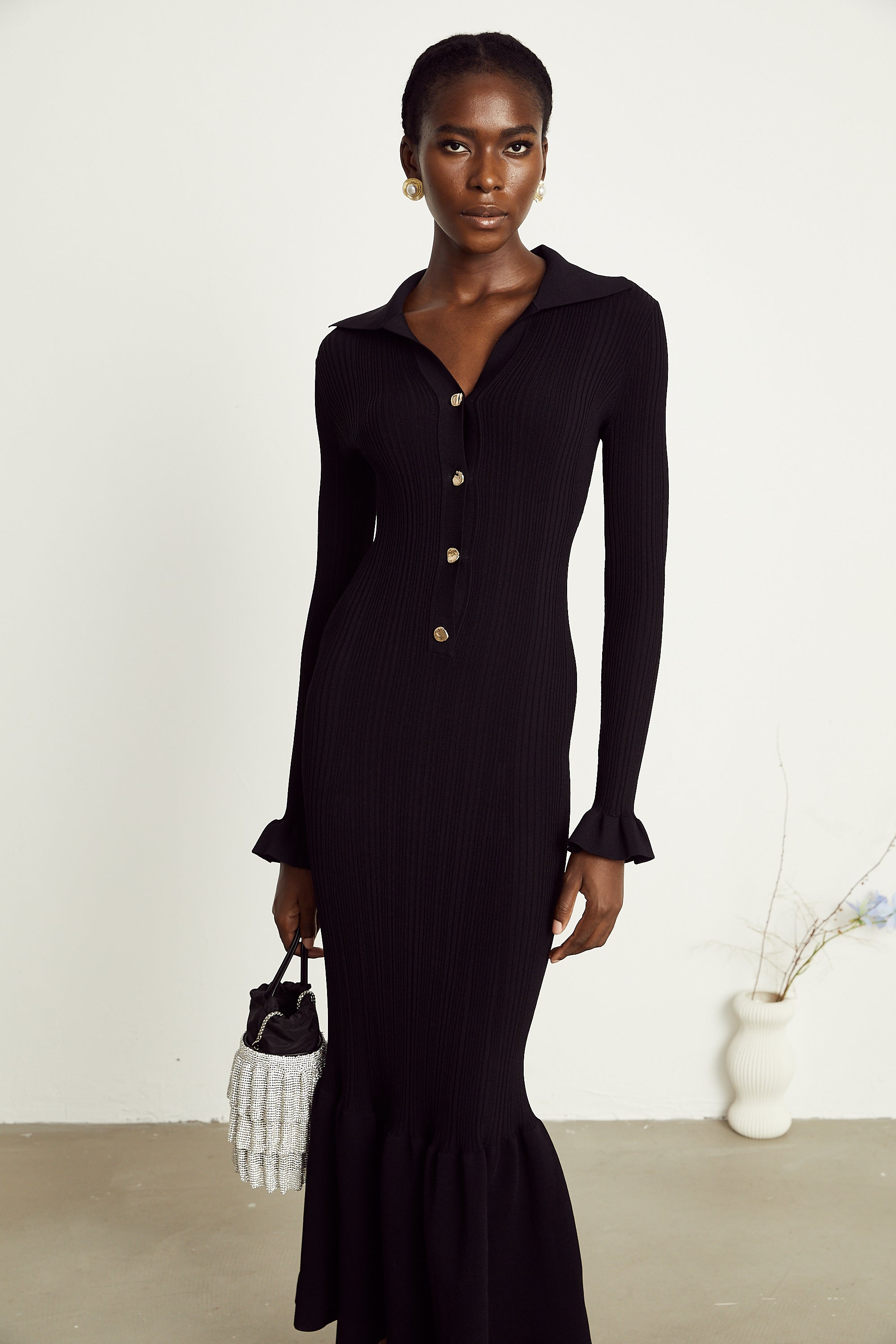 Priscille black ruffled midi dress (US Only)