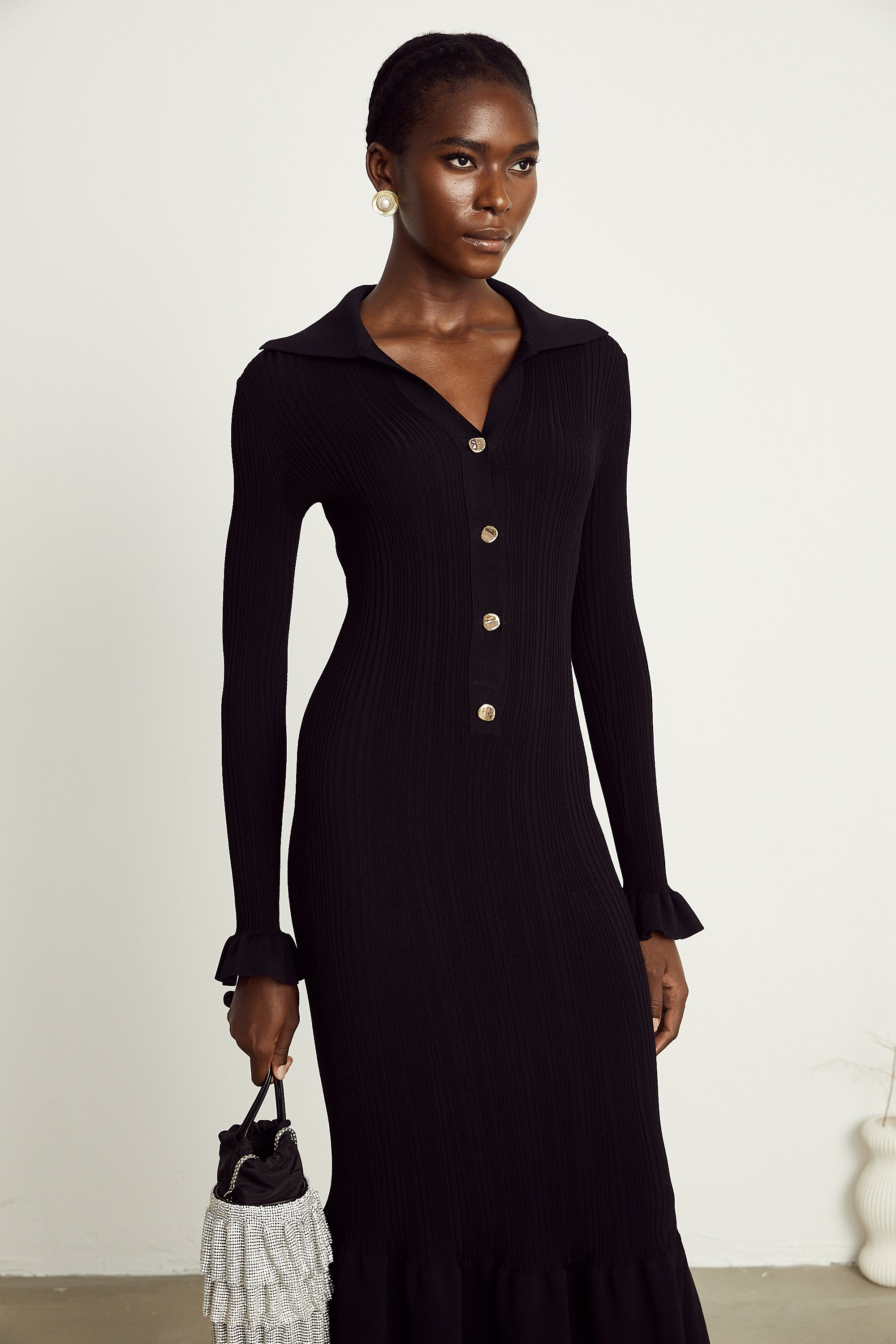 Priscille black ruffled midi dress (US Only)