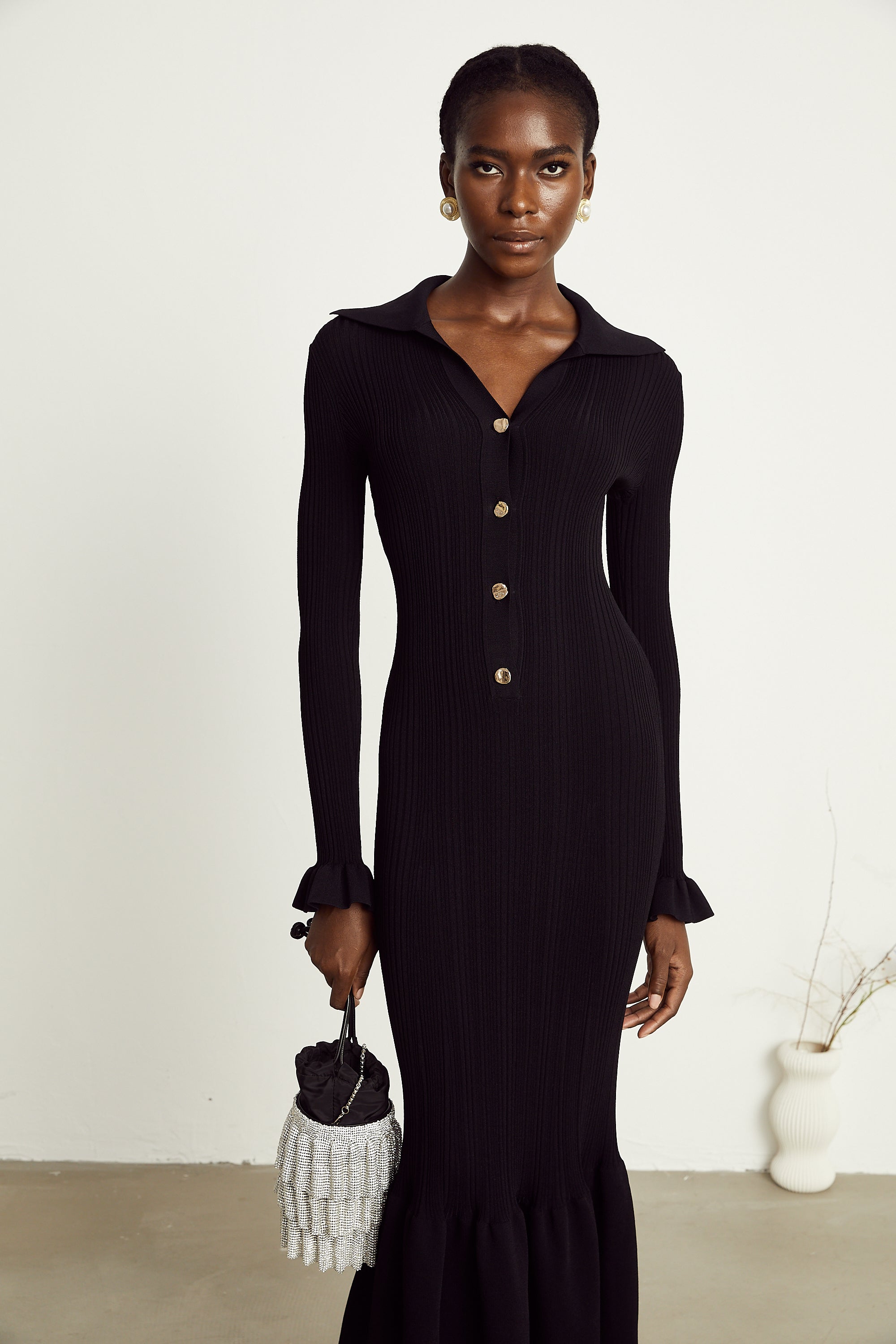 Priscille black ruffled midi dress (US Only)
