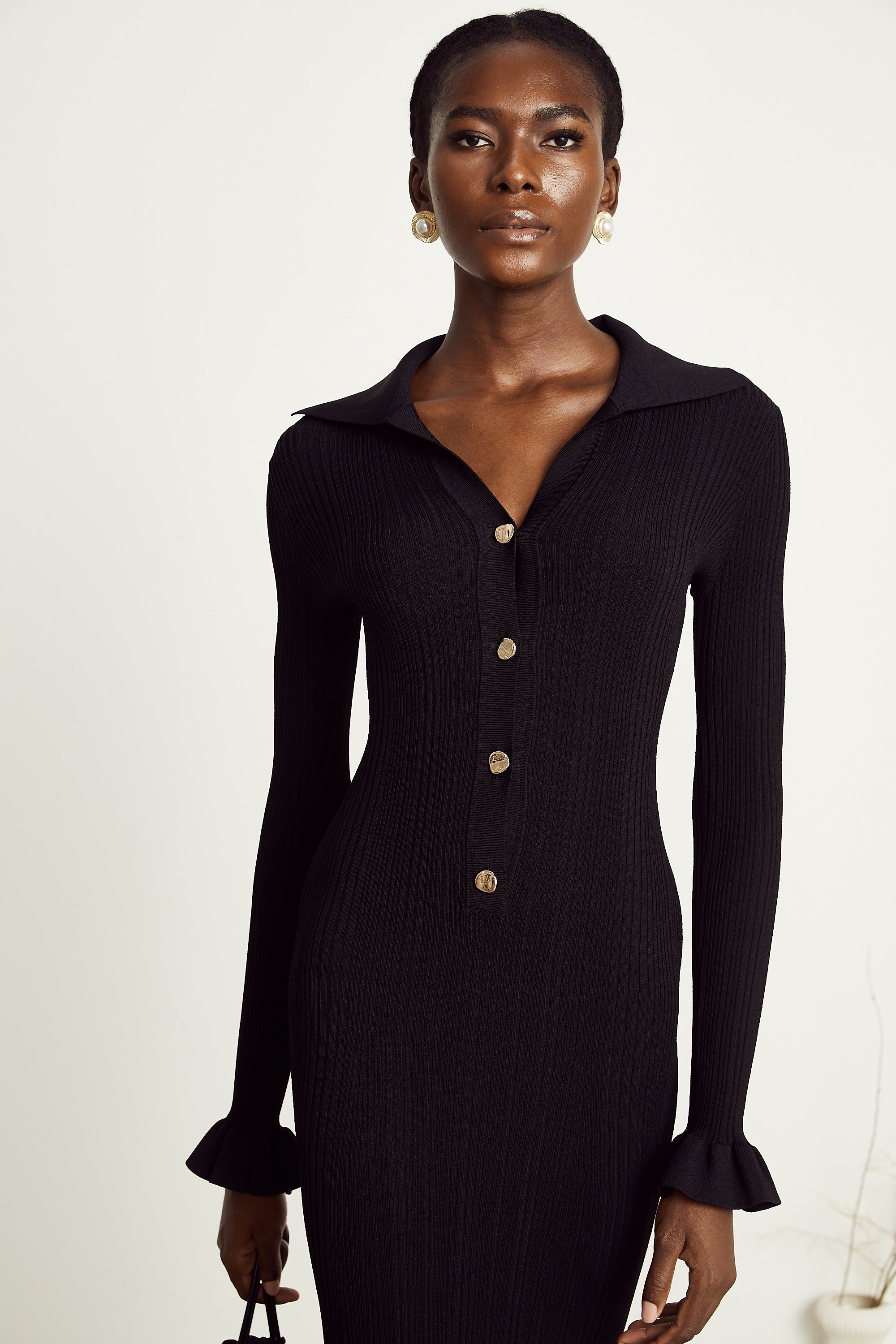 Priscille black ruffled midi dress (US Only)