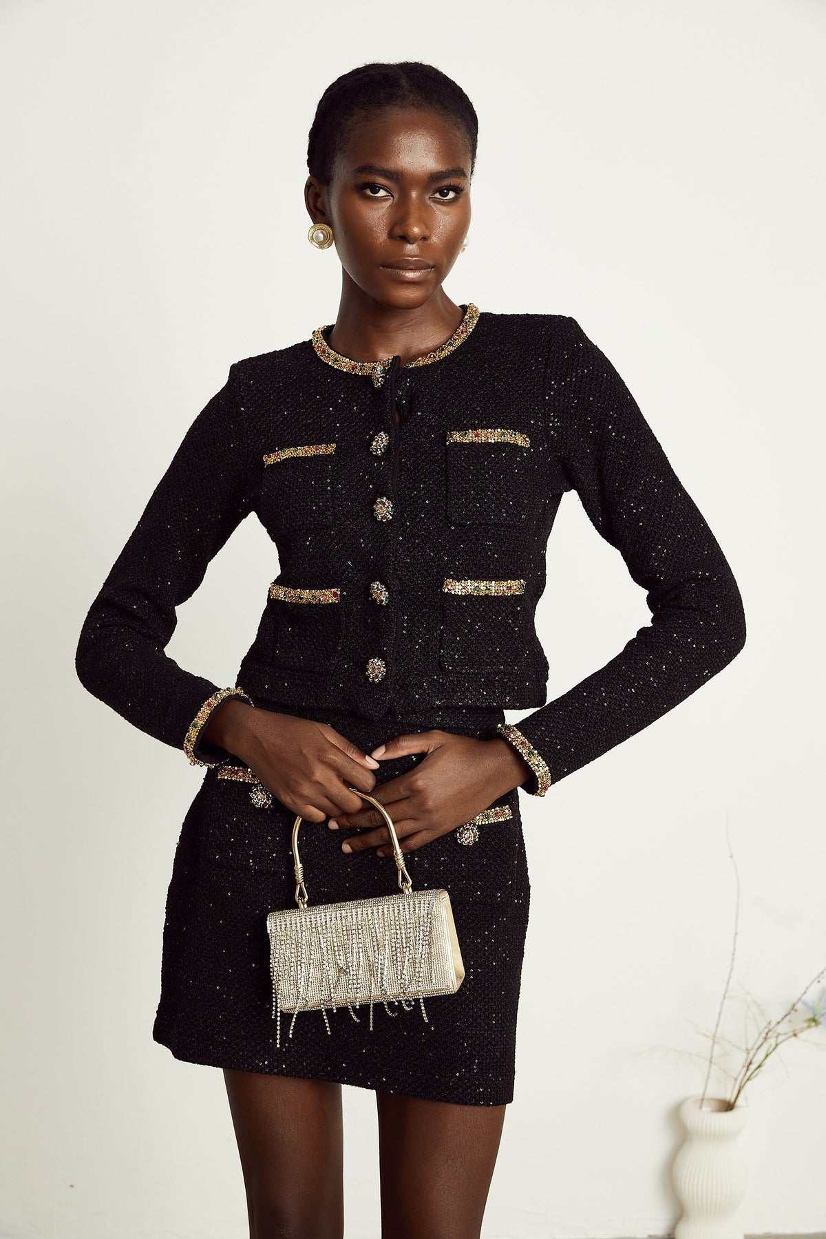 Ariane black sequined tweed jacket & skirt matching set (Final Sale)