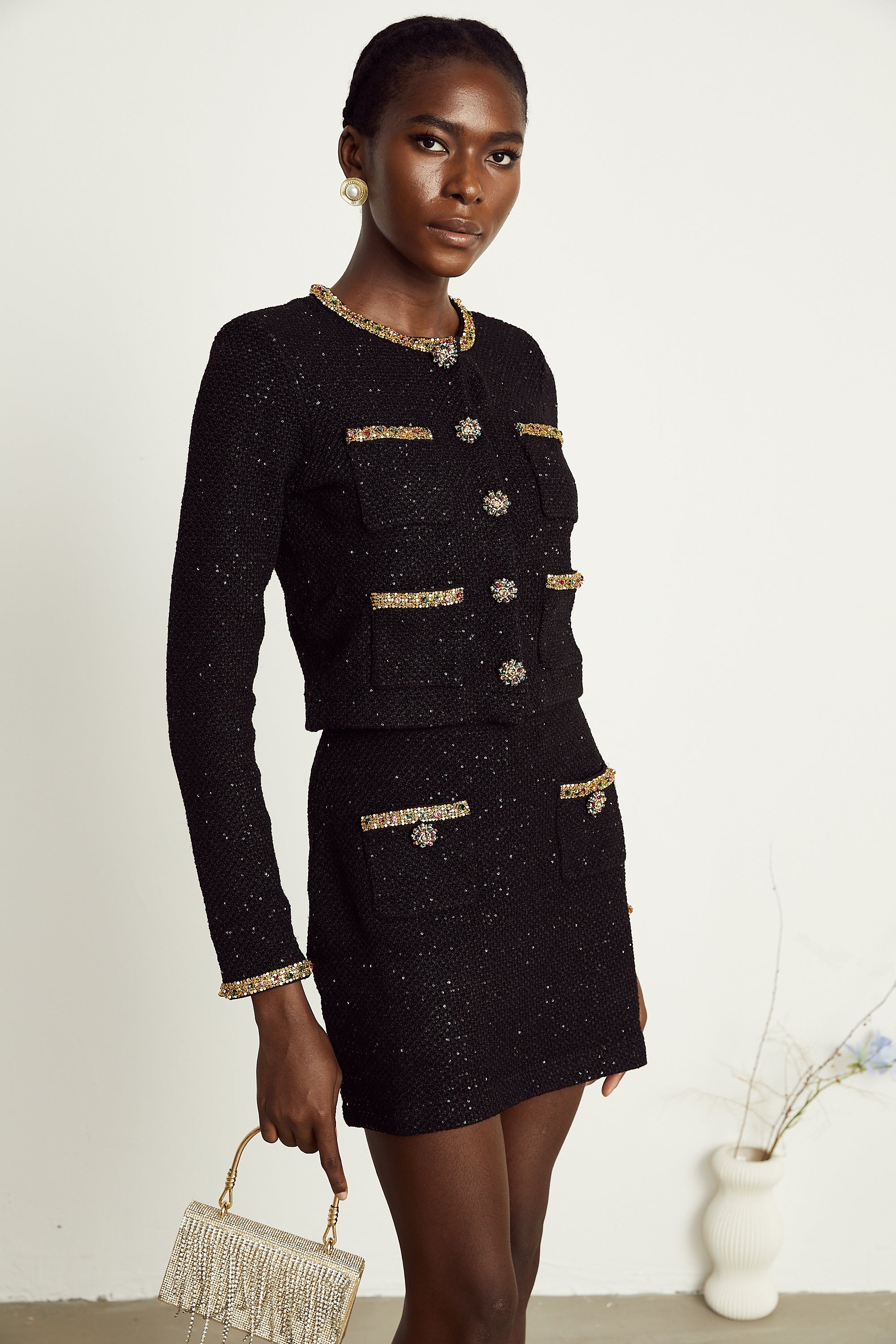 Ariane black sequined tweed jacket & skirt matching set (US Only)