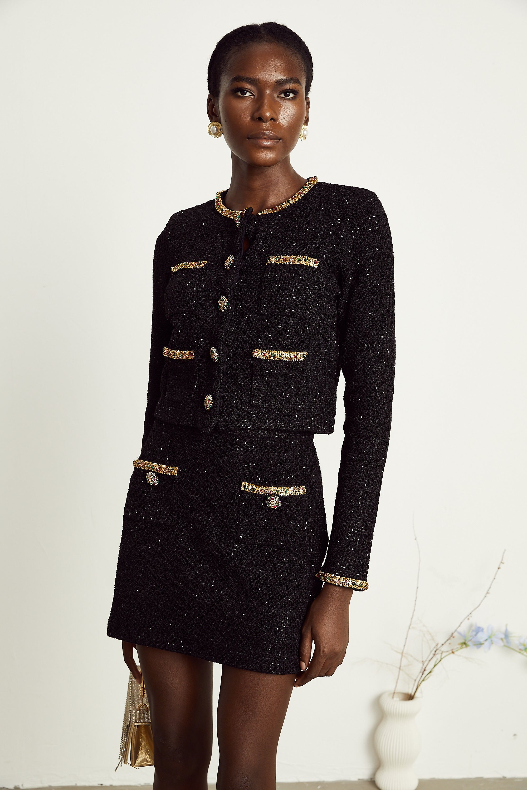 Ariane black sequined tweed jacket & skirt matching set (Final Sale)