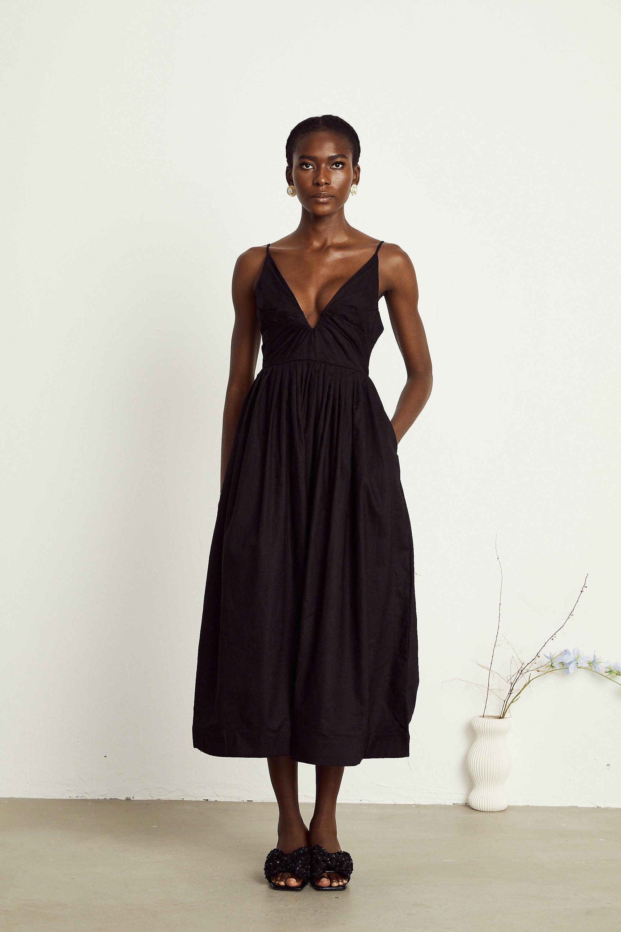 Manon black smocking pleated midi dress (US Only)